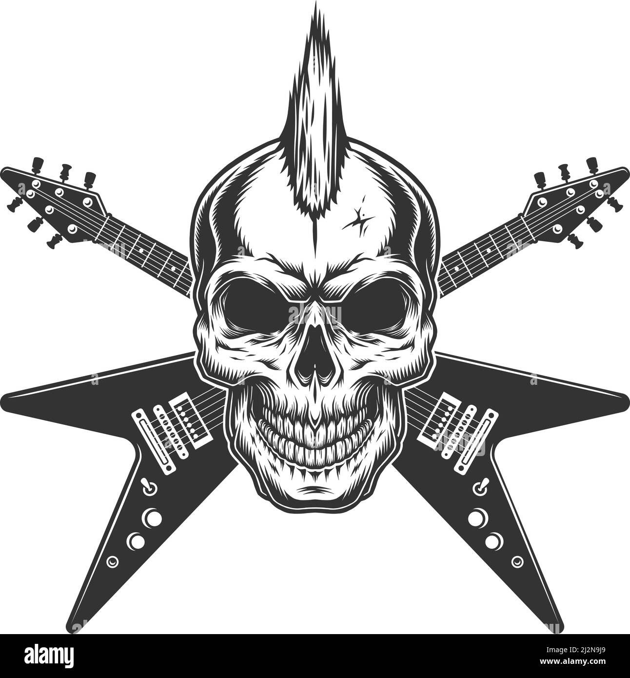 Vintage Punk Rock Star Totenkopf mit Mohawk und gekreuzten elektrischen Gitarren isoliert Vektor Illustration Stock Vektor