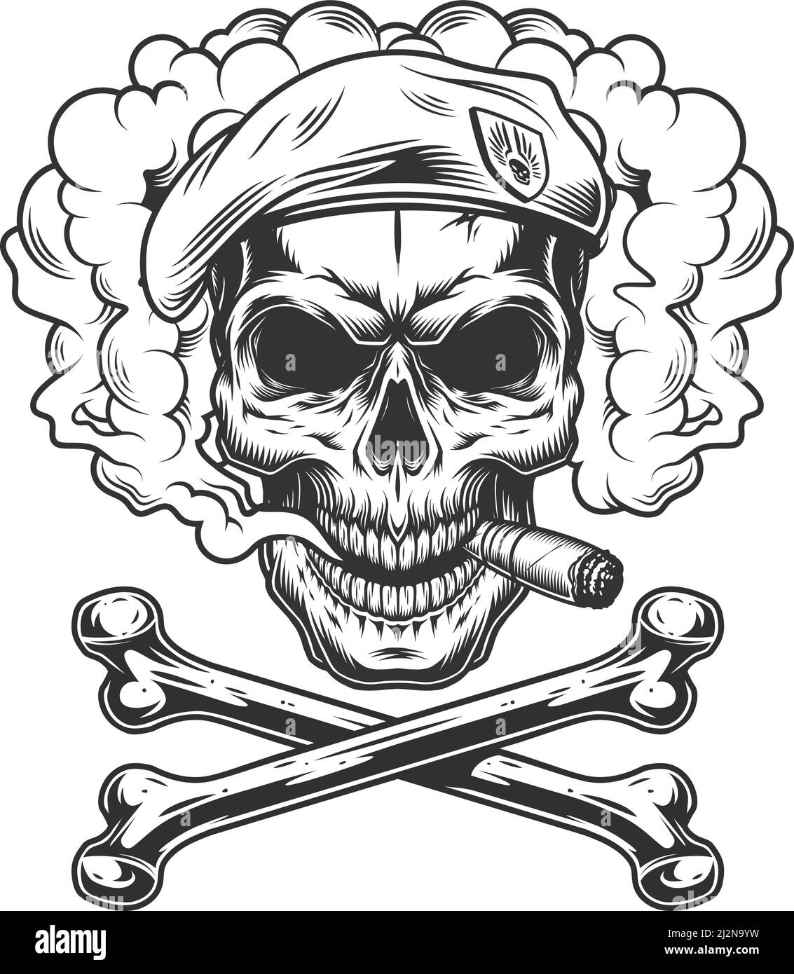 Navy Robbe Schädel trägt Baskenmütze und rauchen Zigarre in Rauch Wolke mit Kreuzknochen in Vintage monochromen Stil isoliert Vektor-Illustration Stock Vektor