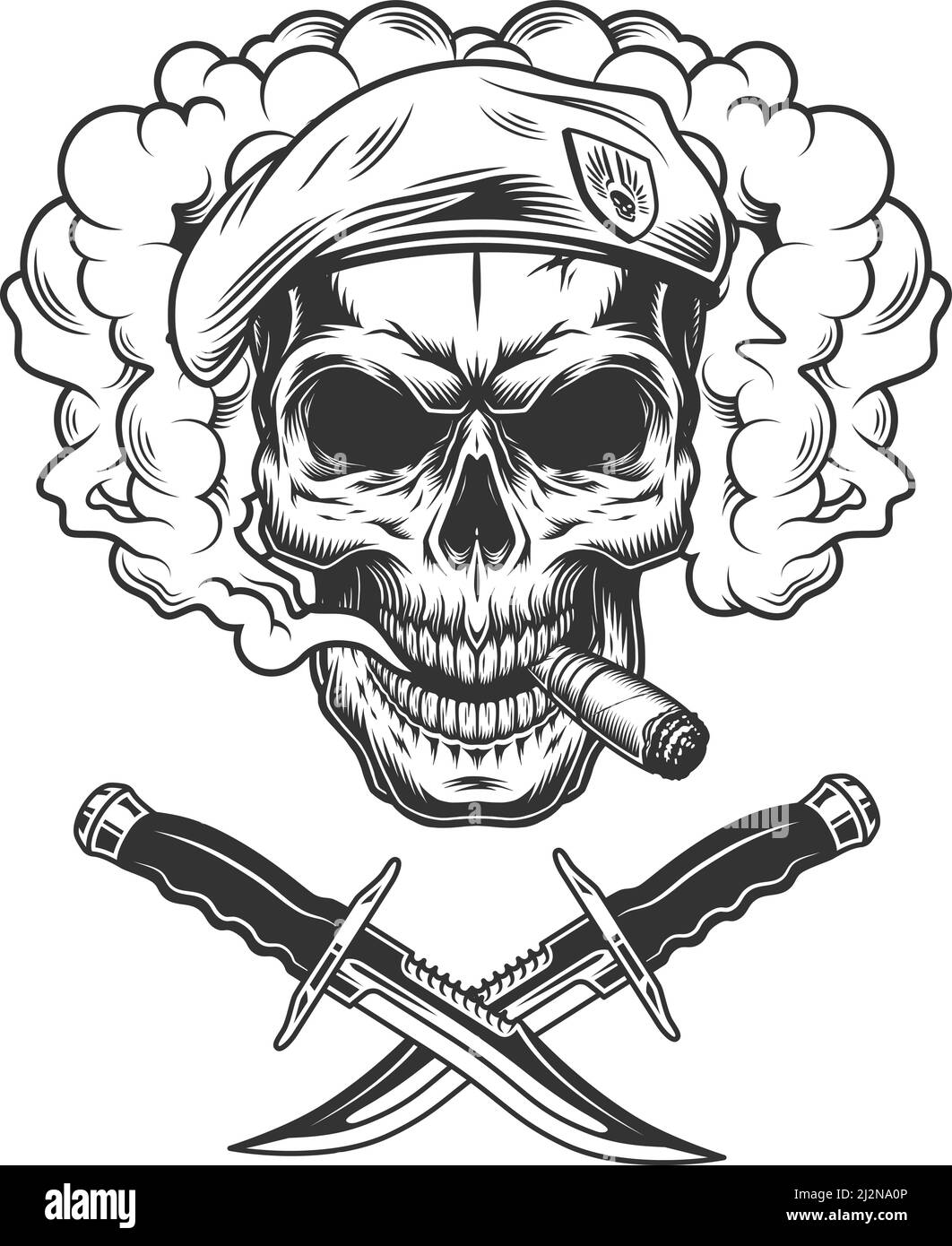 Vintage Totenkopf in marineblauer Robbe raucht Zigarre in Rauch Wolke mit gekreuzten Messern isolierte Vektordarstellung Stock Vektor