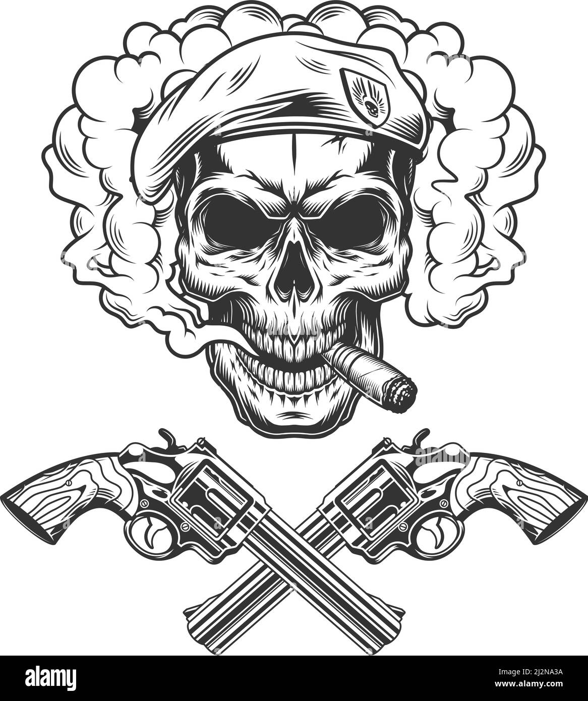 Vintage monochromen Soldaten Schädel trägt Baskenmütze in Rauchwolke mit Gekreuzte Pistolen isolierte Vektordarstellung Stock Vektor