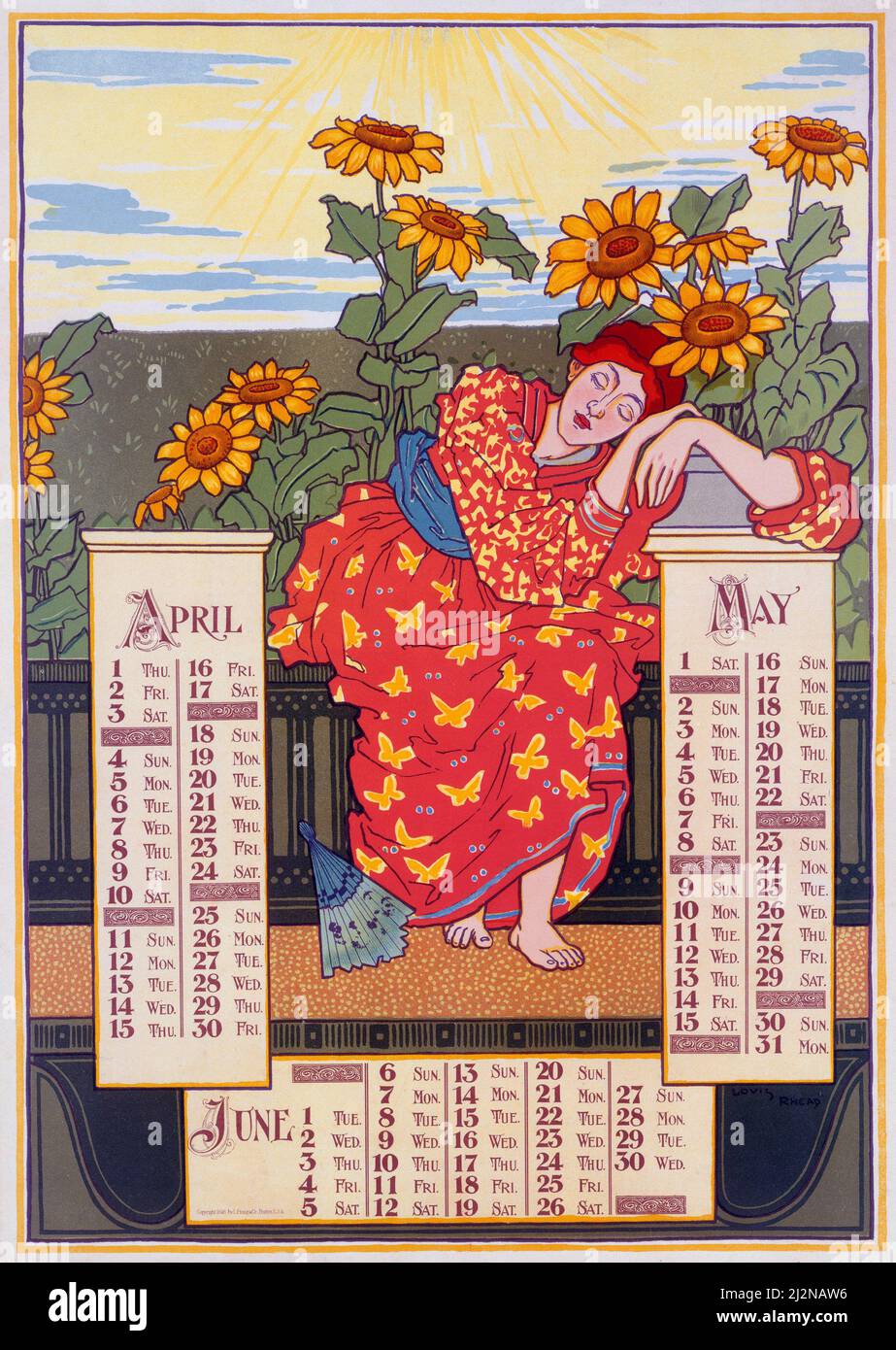 Louis Rhead Kunstwerk - Jugendstilplakat - April, Mai, Juni, Kalender 1896 Stockfoto