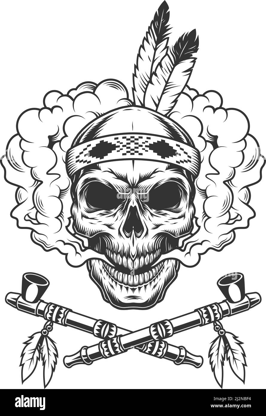 Vintage indianer Krieger Schädel mit Federn in Rauchwolke und Gekreuzte Rauchrohre isoliert Vektor-Illustration Stock Vektor