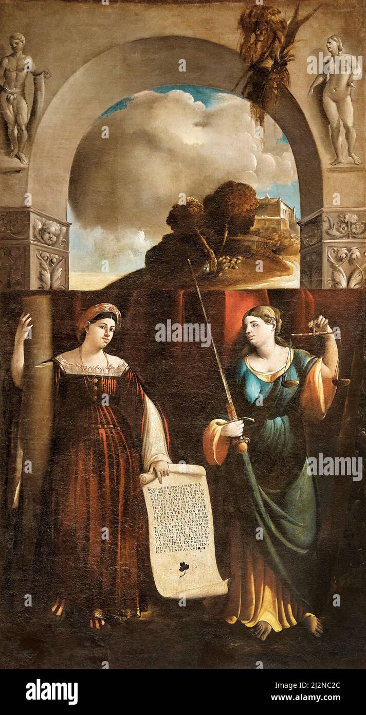 Allegorie von Glück und Gerechtigkeit - Öl auf Leinwand - Girolamo Marchesi genannt Cotignola - 16. Jahrhundert - Ferrara, Italien, Kirche der heiligen Maria in V. Stockfoto