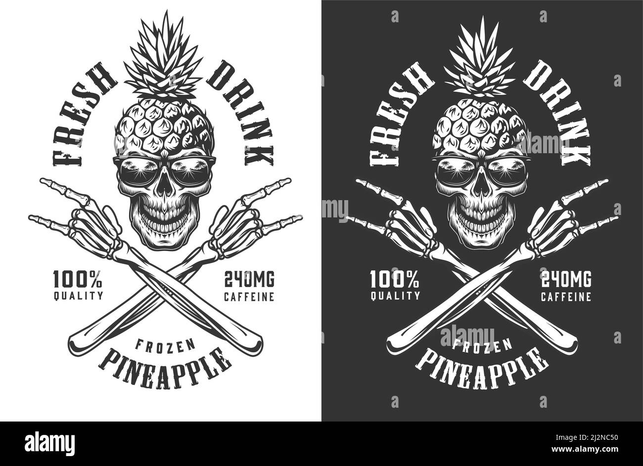 Ananas Totenkopf in Sonnenbrille vintage Label mit gekreuzten Skelett Hände Zeigt Rock Gesten in monochromen Stil isoliert Vektor-Illustration Stock Vektor