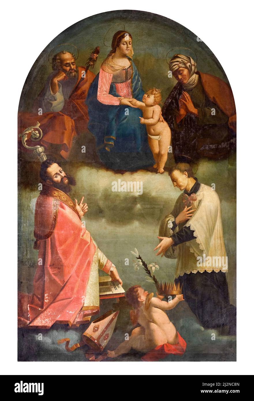 Heilige Familie mit St. Anna, St. Augustinus und St. Louis Gonzaga - Öl auf Leinwand - Ferrara Maler des 17.. Jahrhunderts - Ferrara, Italien, Kirche St. M. Stockfoto