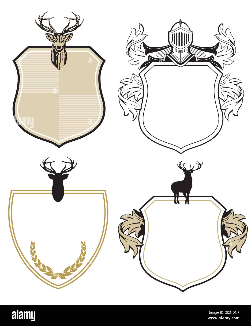 Wappen und Schilde mit Hirsch isoliert auf weißem Hintergrund. Illustration Stock Vektor