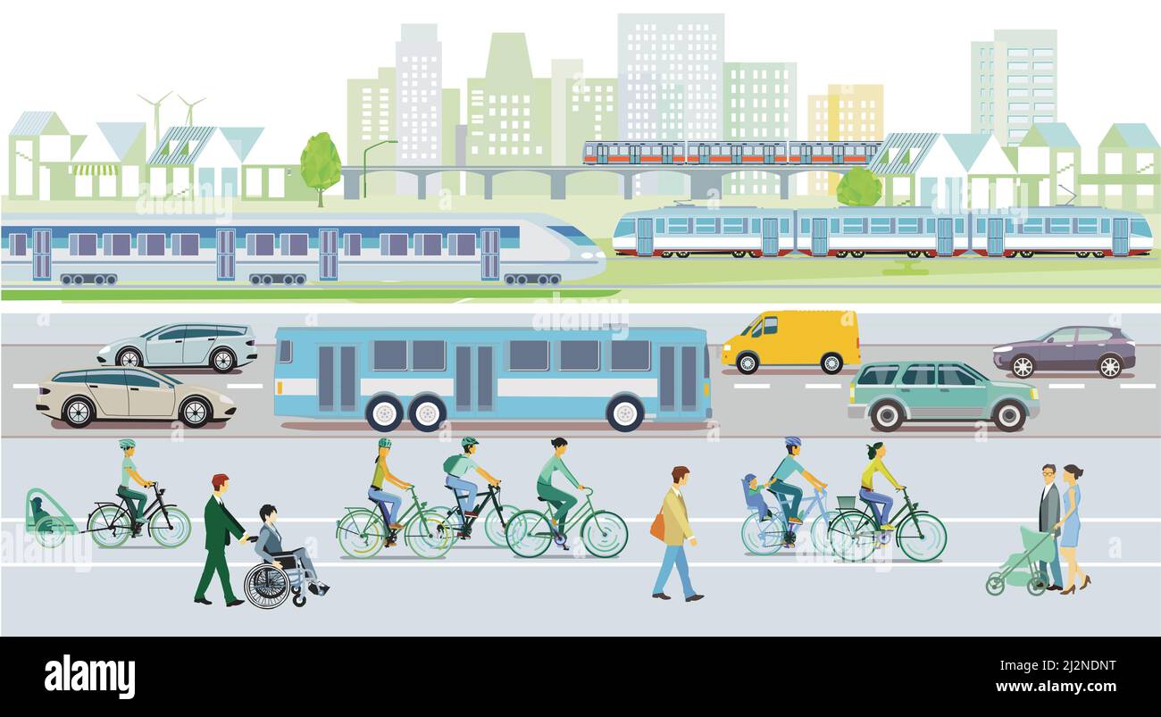 Öffentliche Verkehrsmittel mit SBahn, Straßenbahn und UBahn, Bus, Illustration Stock