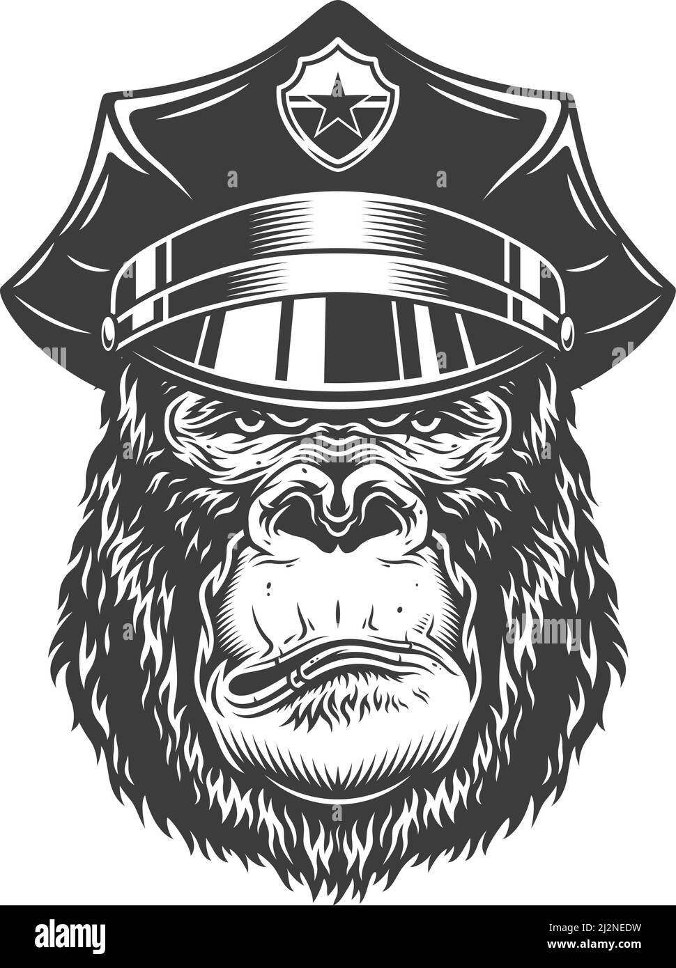 Ernsthafter Gorilla im monochromen Stil im Polizist-Hut. Vektorgrafik Stock Vektor