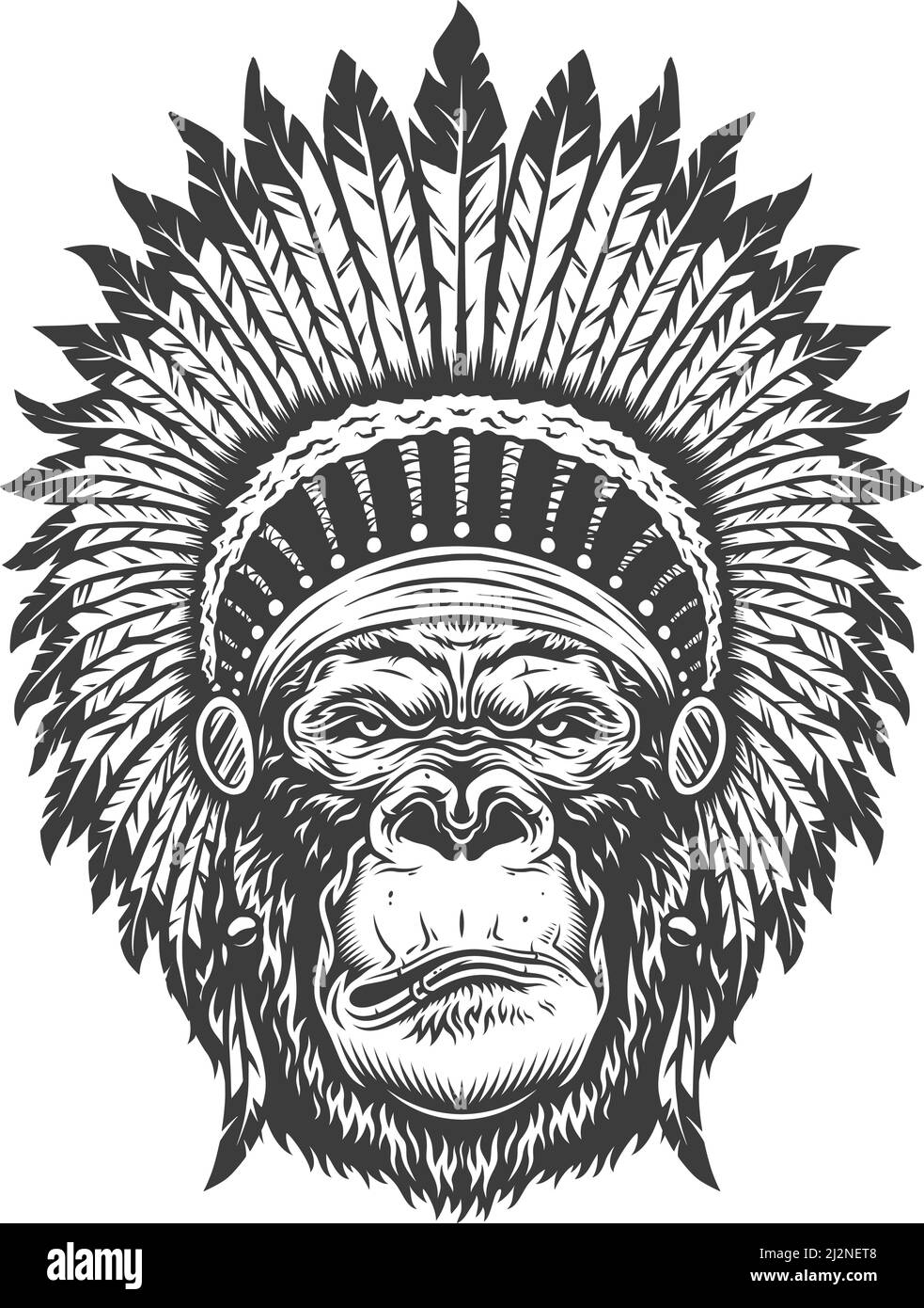 Ernsthafter Gorilla im monochromen Stil in Federstammeshut. Vektorgrafik Stock Vektor