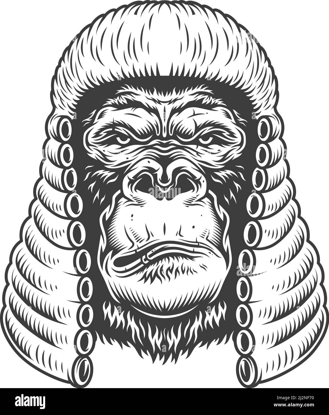 Ernsthafter Gorilla im monochromen Stil in der Richter Perücke. Vektor-Vintage-Illustration Stock Vektor