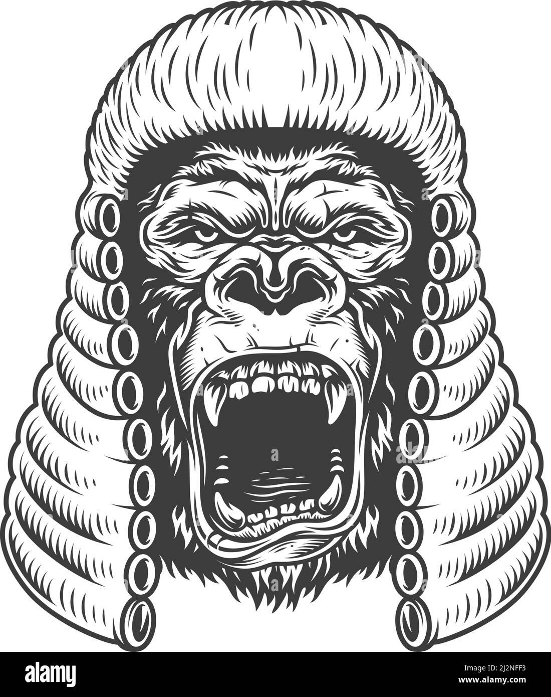 Wütender Gorilla im monochromen Stil in der Richter Perücke. Vektorgrafik Stock Vektor