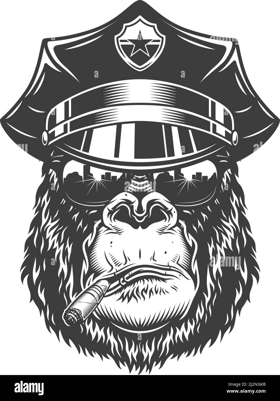 Gorilla Kopf in monochromem Stil in Polizist Hut. Vektorgrafik Stock Vektor