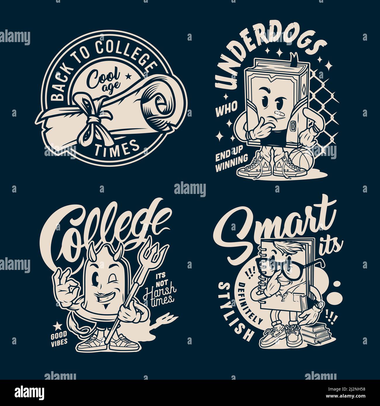 Vintage College-Labels mit Diplom-Scroll und lustigen Charakteren Smart Notizblock meditatives Buchkondom mit Teufelshörner Schwanzdreizack Isolierter Vektor Stock Vektor