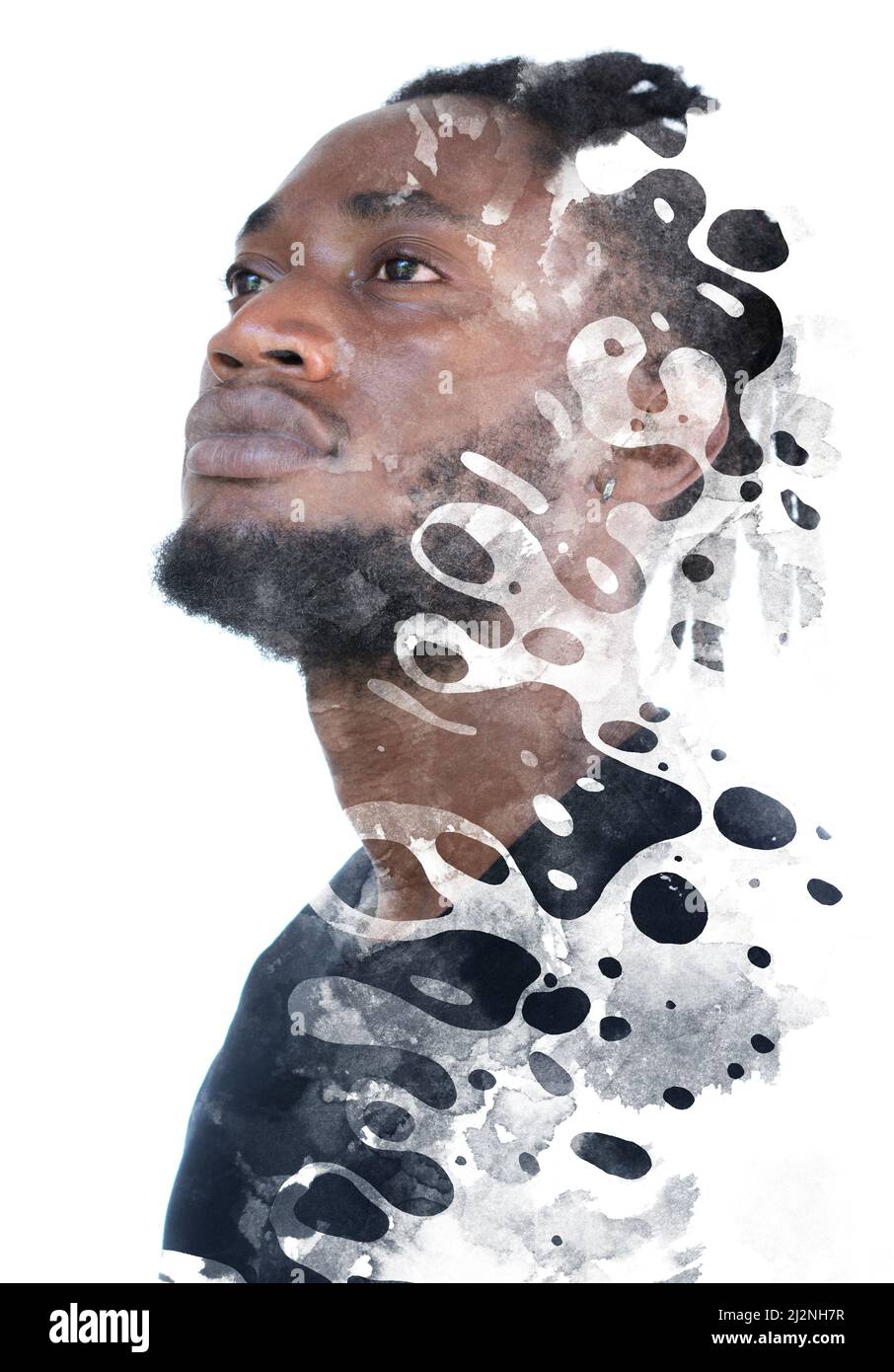Paintographie. Ein Porträt eines Mannes kombiniert mit einem abstrakten Gemälde. Stockfoto
