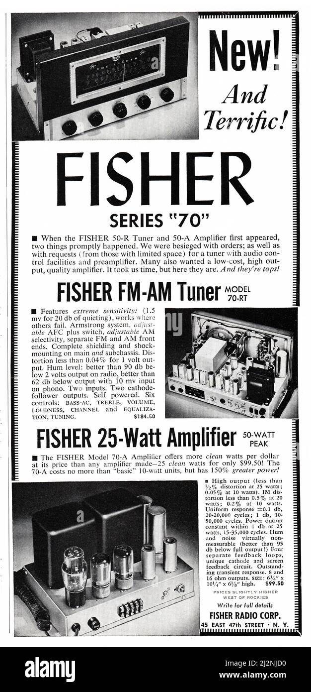 Aus einem 1954 Musik-, audiophilen, Hi-Fi-Magazin, einer Werbung für die Fisher-Serie „70“ am FM-Tuner und 25-Watt-Verstärker. Stockfoto