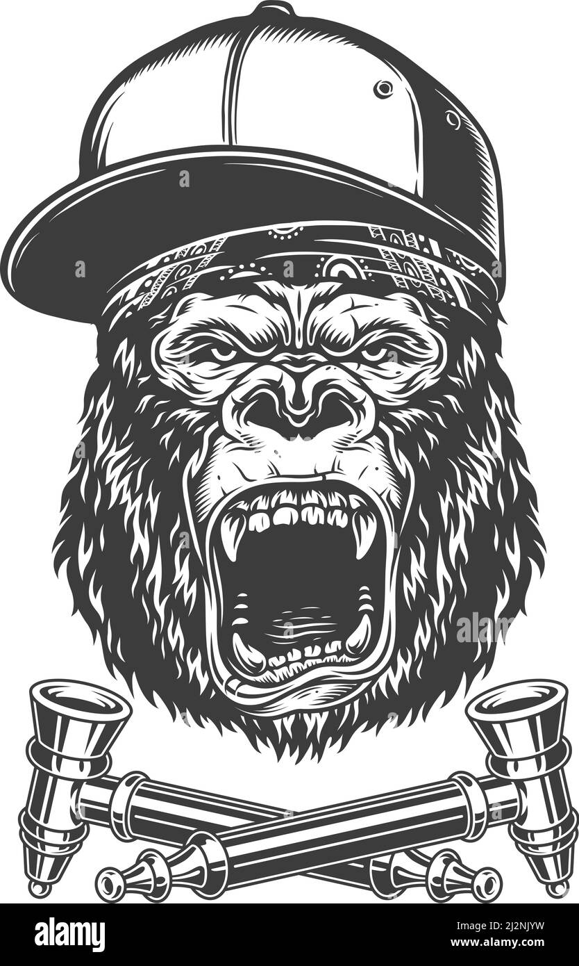 Vintage monochrom wütend Gorilla Kopf in Baseball-Cap und Bandana Mit gekreuzten Rauchrohren isolierte Vektordarstellung Stock Vektor