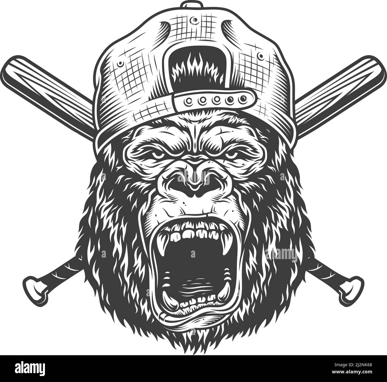 Vintage wütend Gorilla Kopf in Kappe mit gekreuzten Baseball Fledermäuse Im monochromen Stil isolierte Vektorgrafik Stock Vektor