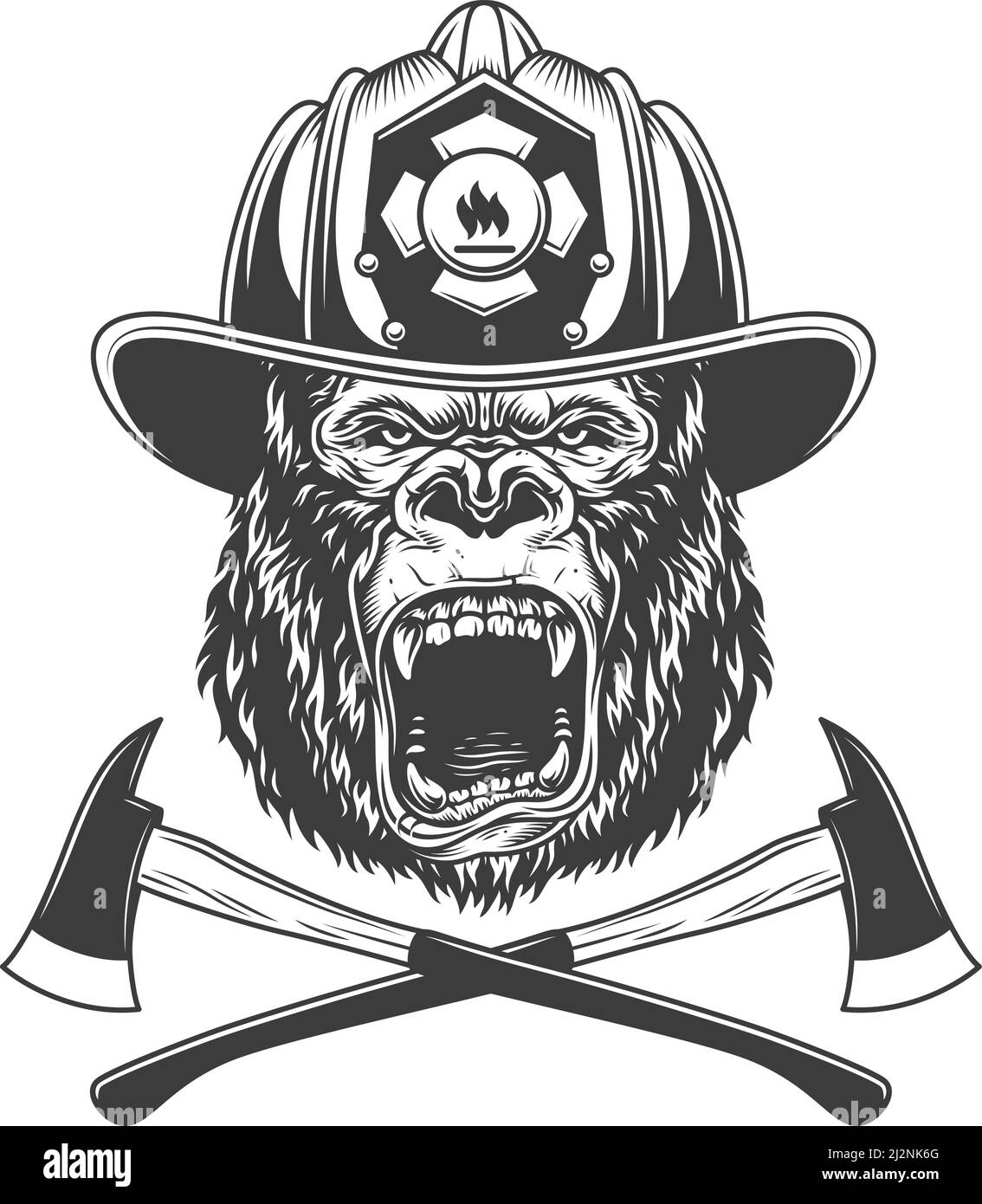 Wilder Gorilla Kopf in Feuerwehrhelm mit gekreuzten Achsen in Vintage monochromen Stil isoliert Vektor-Illustration Stock Vektor