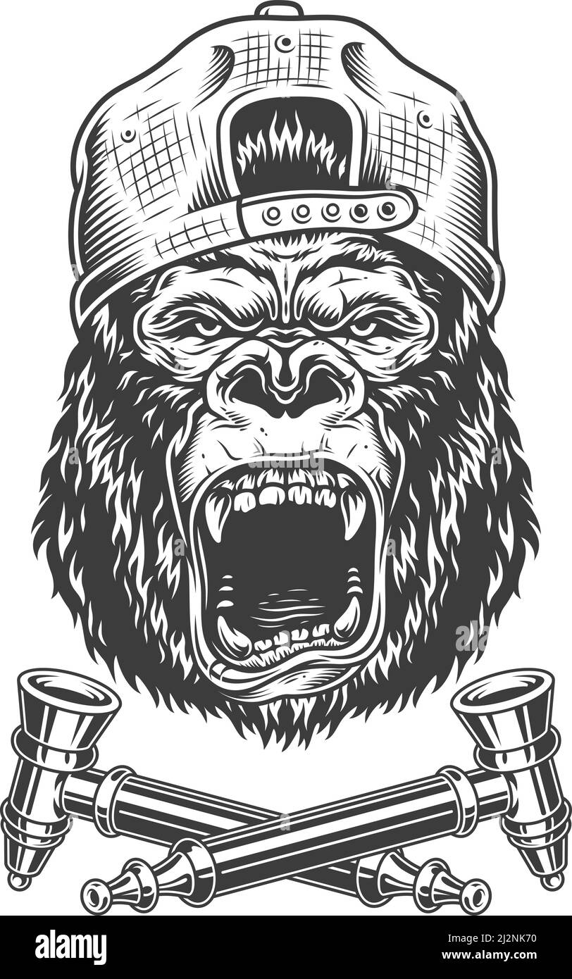 Angry Gorilla Kopf in Hipster Kappe mit gekreuzten Raucherpfeifen Im Vintage monochromen Stil isolierte Vektor-Illustration Stock Vektor