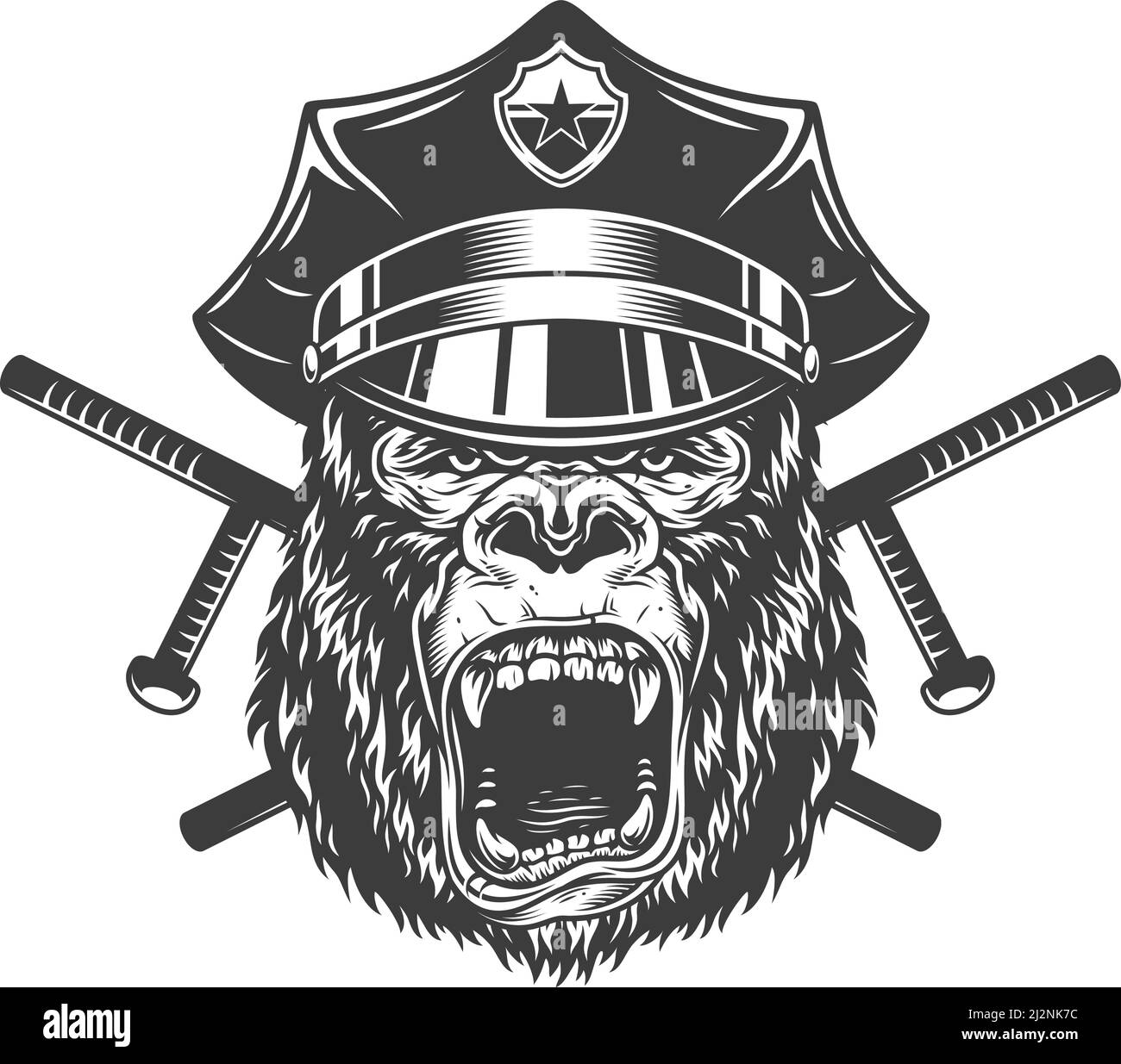 Wilder Gorilla-Kopf in Polizeimütze mit gekreuzten Schlagstöcken Vintage monochromen Stil isoliert Vektor-Illustration Stock Vektor