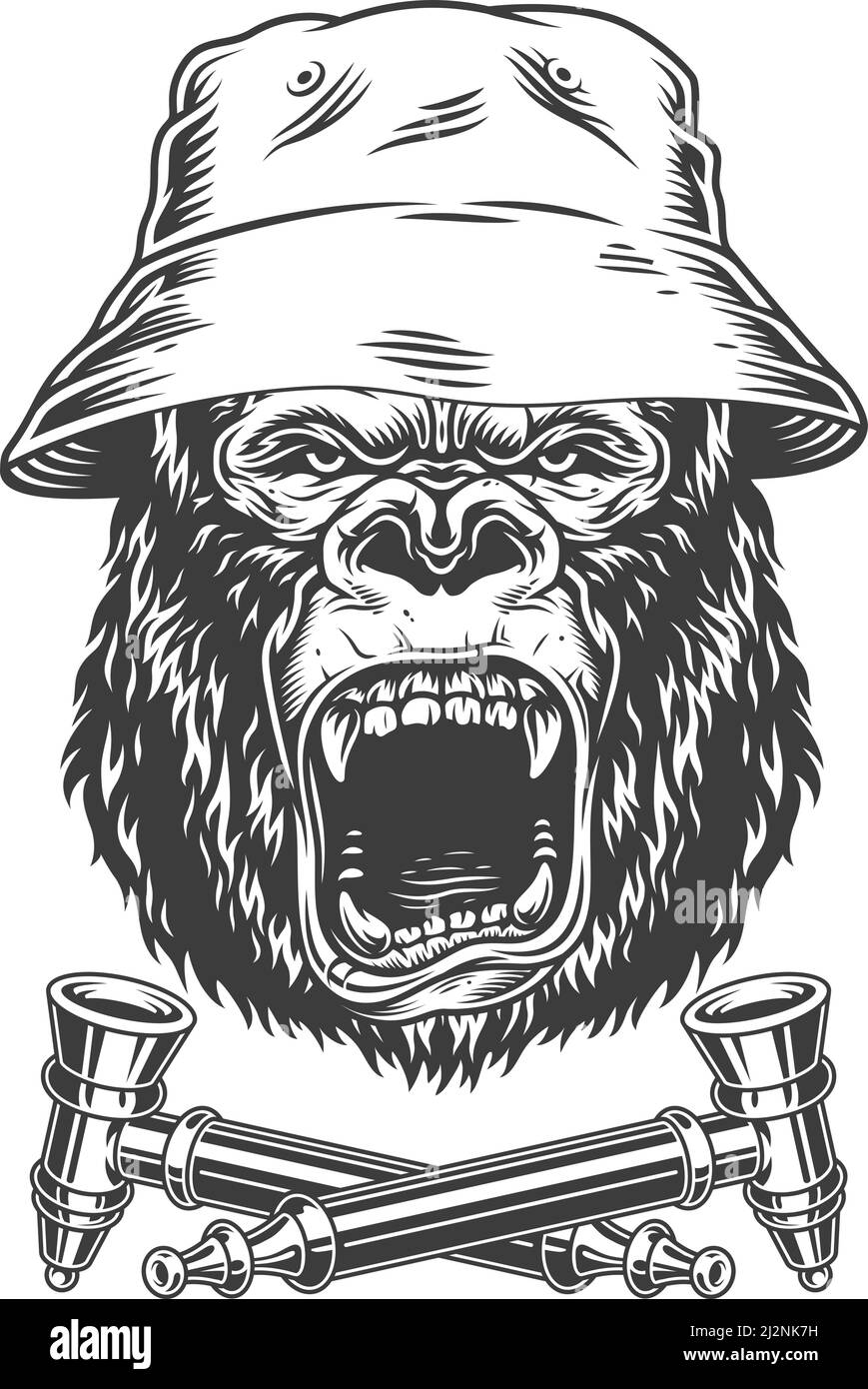 Wilder Gorilla Kopf in panama Hut mit gekreuzten Rauchpfeifen Im Vintage monochromen Stil isolierte Vektor-Illustration Stock Vektor