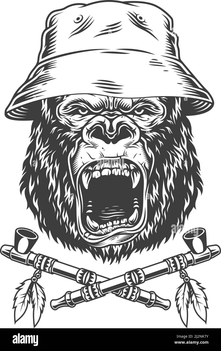 Angry Gorilla Kopf in panama Hut mit gekreuzten indianischen indische Rauchpfeifen im monochromen Vintage-Stil isoliert Vektor-Illustration Stock Vektor