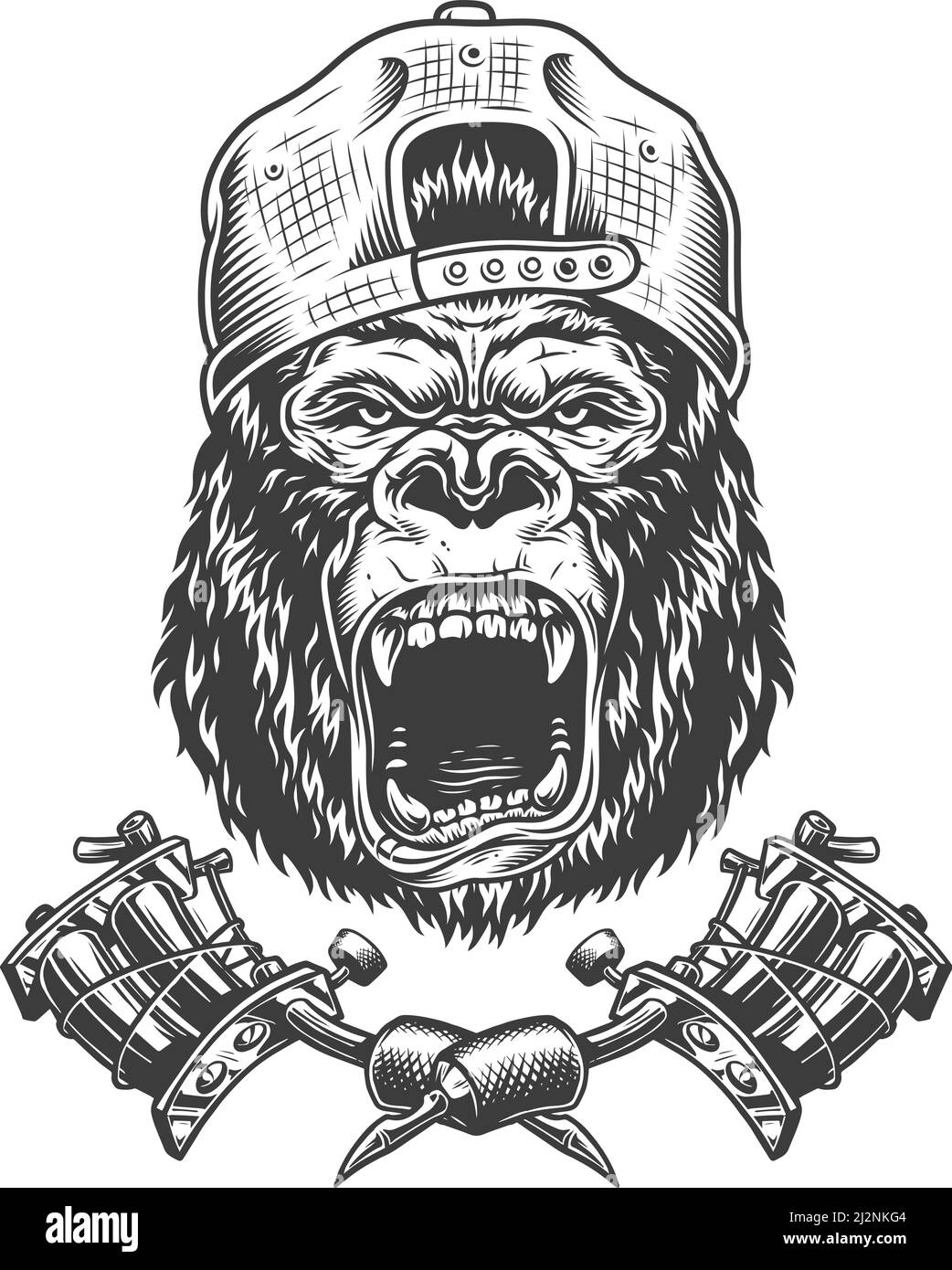 Vintage wilden Gorilla Kopf in Kappe mit gekreuzten Tattoo-Maschinen Isolierte Vektordarstellung Stock Vektor