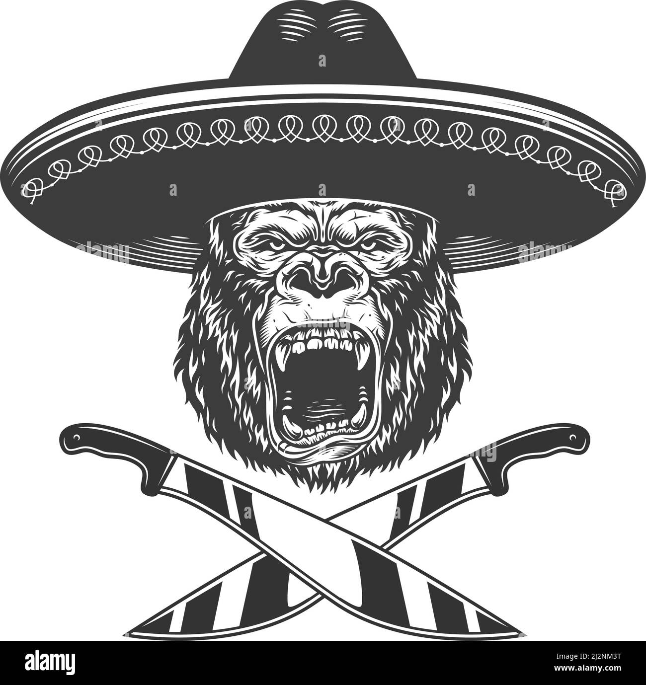 Vintage monochromen wilden Gorilla Kopf in mexikanischen Sombrero Hut mit Kreuzmesser isolierte Vektordarstellung Stock Vektor