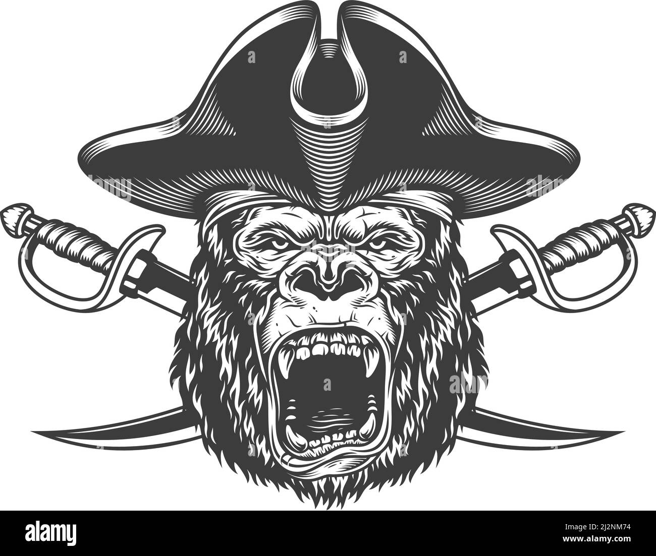 Wütend Gorilla Kopf in Piratenhut mit gekreuzten Schwertern in Vintage monochromen Stil isoliert Vektor-Illustration Stock Vektor