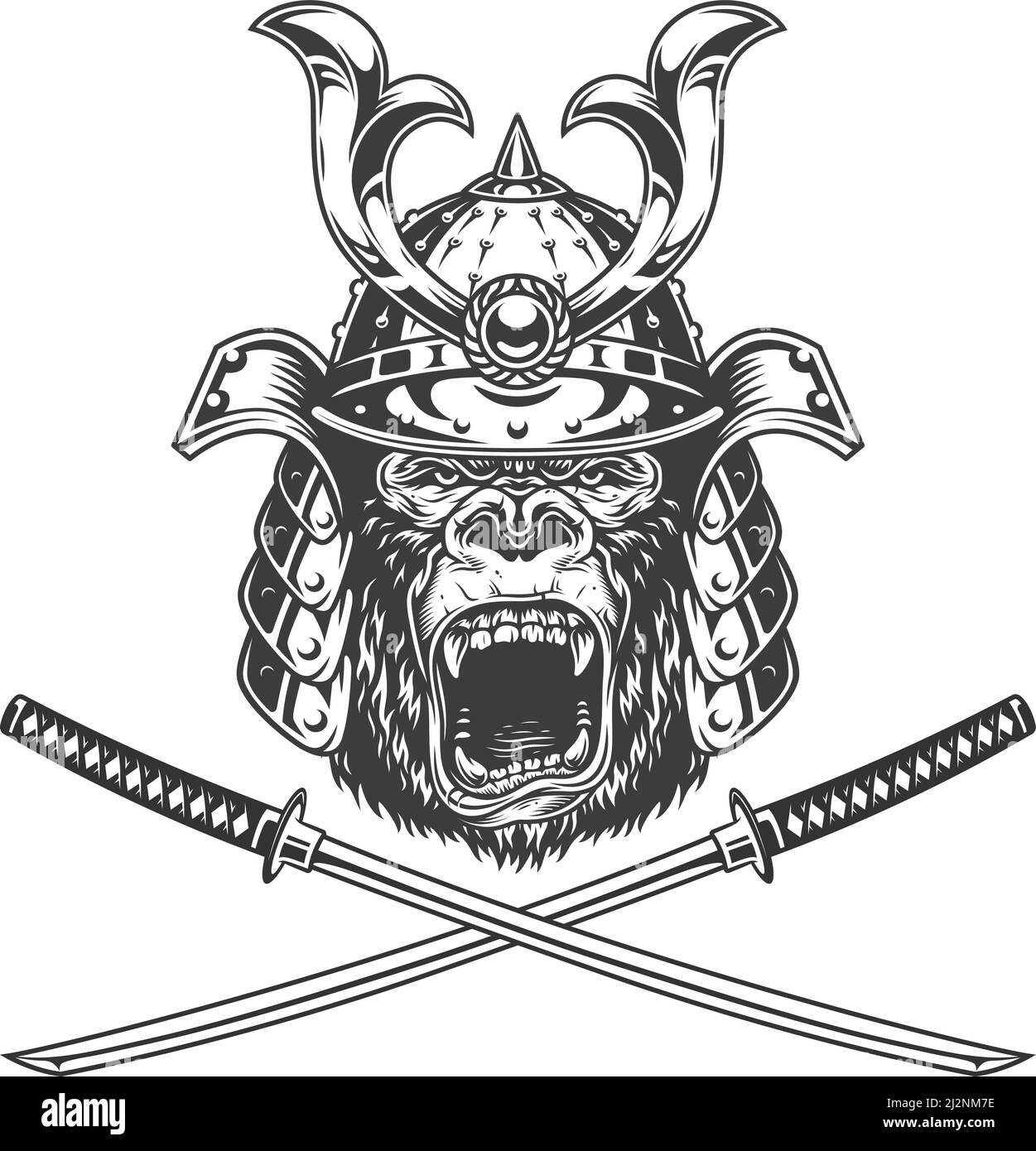 Wilder Gorilla Kopf in Samurai Helm mit gekreuzten Säbel in Vintage monochromen Stil isoliert Vektor-Illustration Stock Vektor