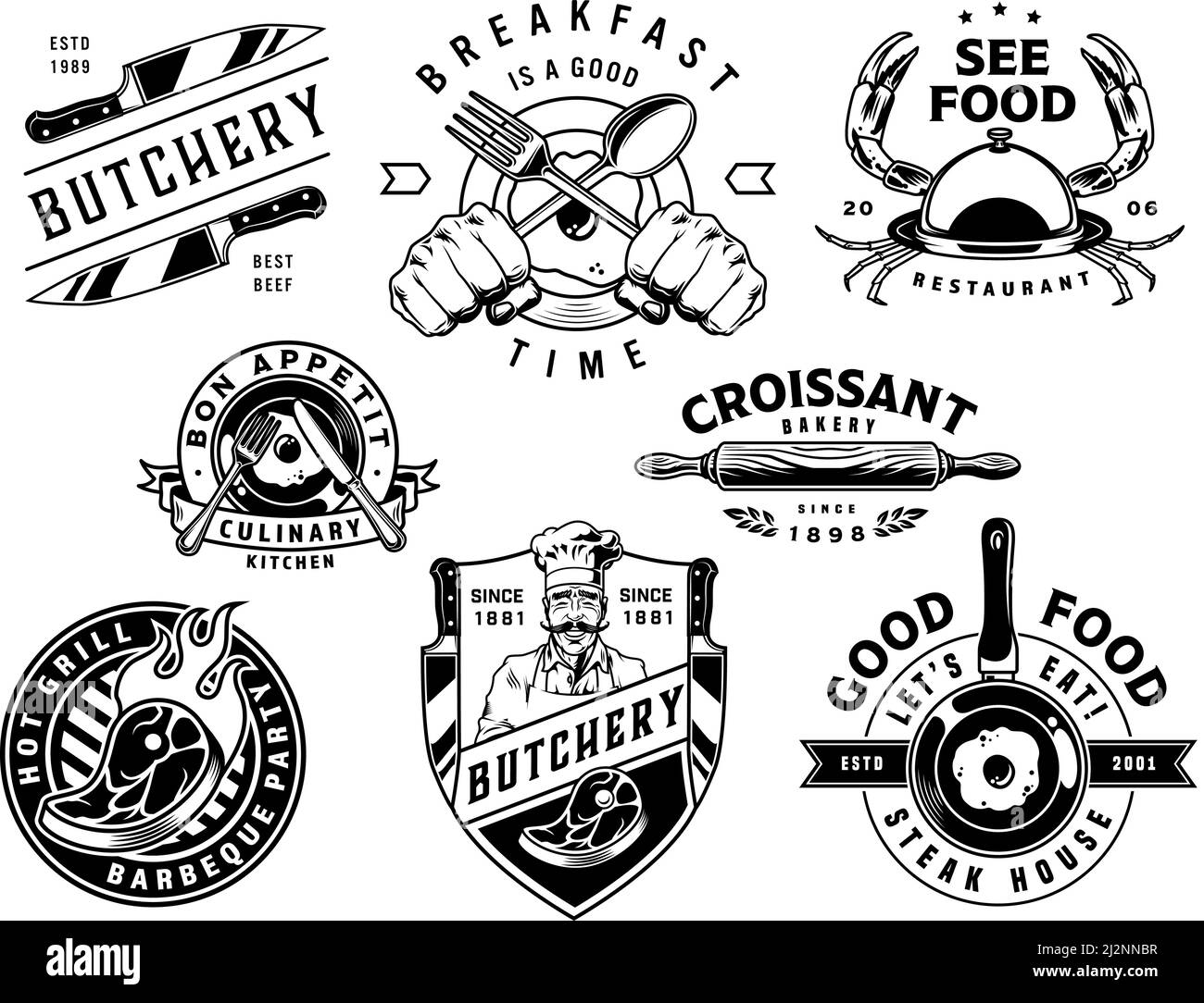 Vintage-Küche monochrome Designs Set mit Metzgerei Shop Meeresfrüchte-Restaurant Grill Party Bäckerei Frühstück Zeit Etiketten und Embleme isoliert Vektor ich Stock Vektor