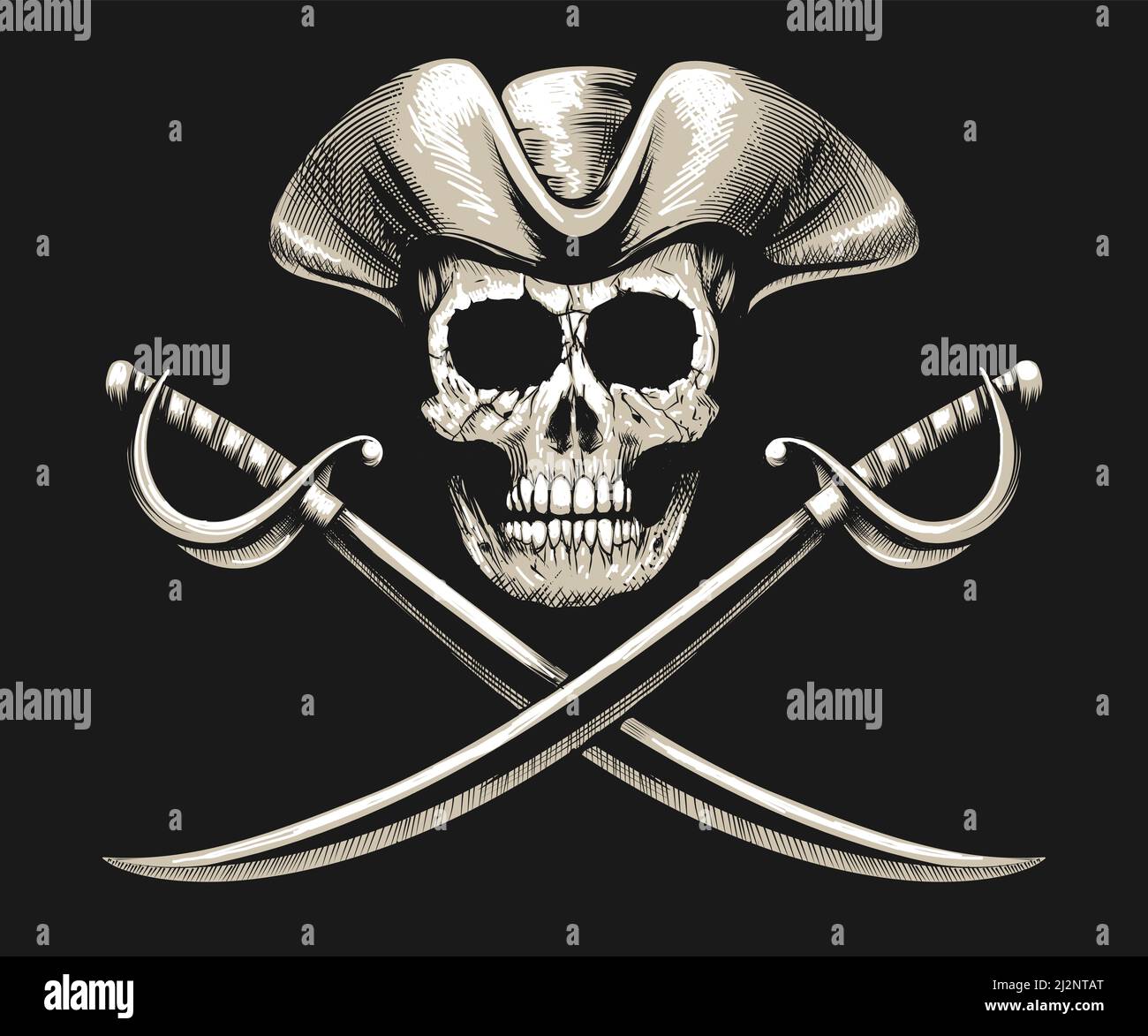 Emblem des Piratenschädels mit Sabres Jolly Roger isoliert auf schwarz. Vektorgrafik. Stock Vektor