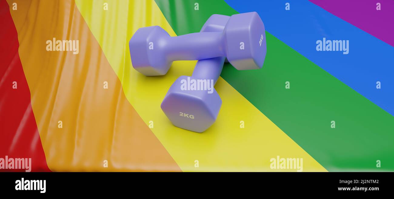 Kurzhanteln auf regenbogenfarbenem LGBT-Hintergrund, Nahaufnahme, Fitness- und Trainingskonzept für Sportler. 3D Rendern Stockfoto