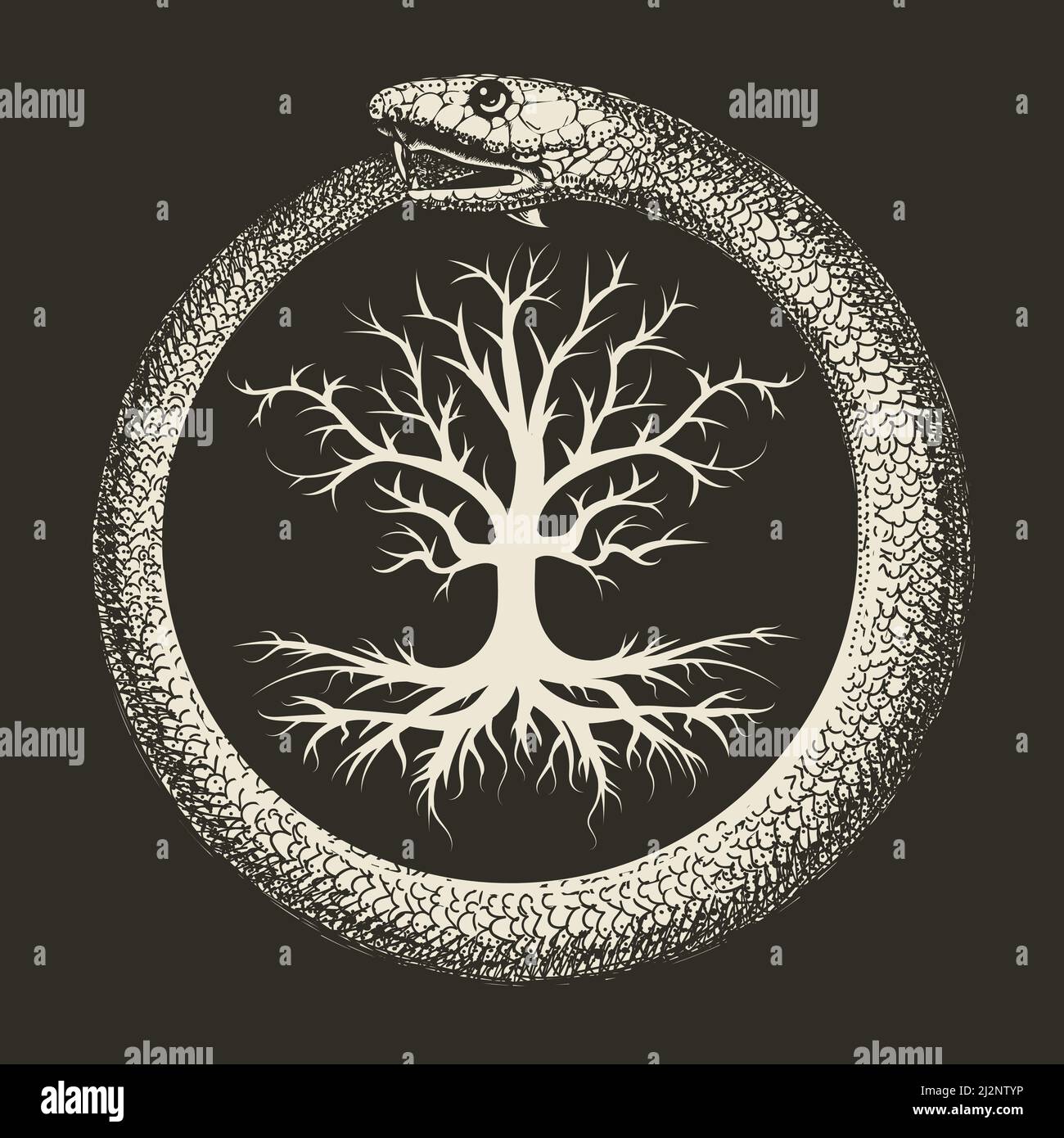Esoterisches Symbol von Ouroboros Schlange und Baum des Lebens Alte isoliert auf schwarz. Vektorgrafik. Stock Vektor