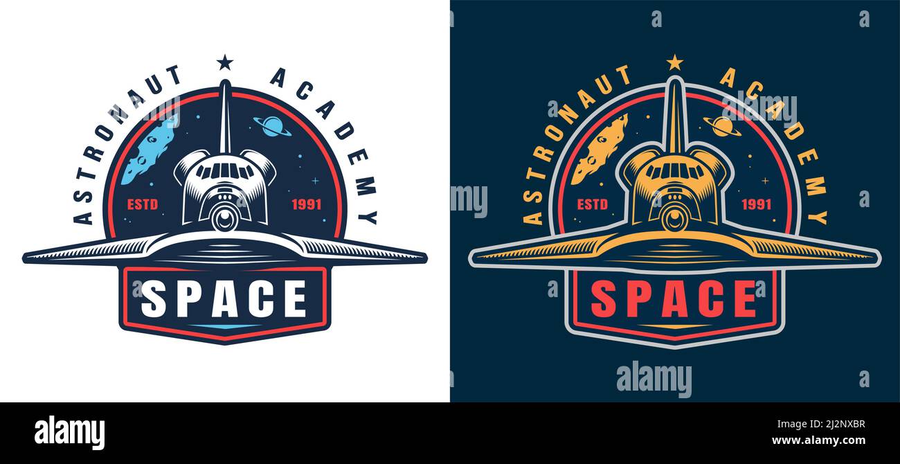 Vintage Astronaut Academy buntes Emblem mit Space Shuttle Vorderansicht Isolierte Vektordarstellung Stock Vektor