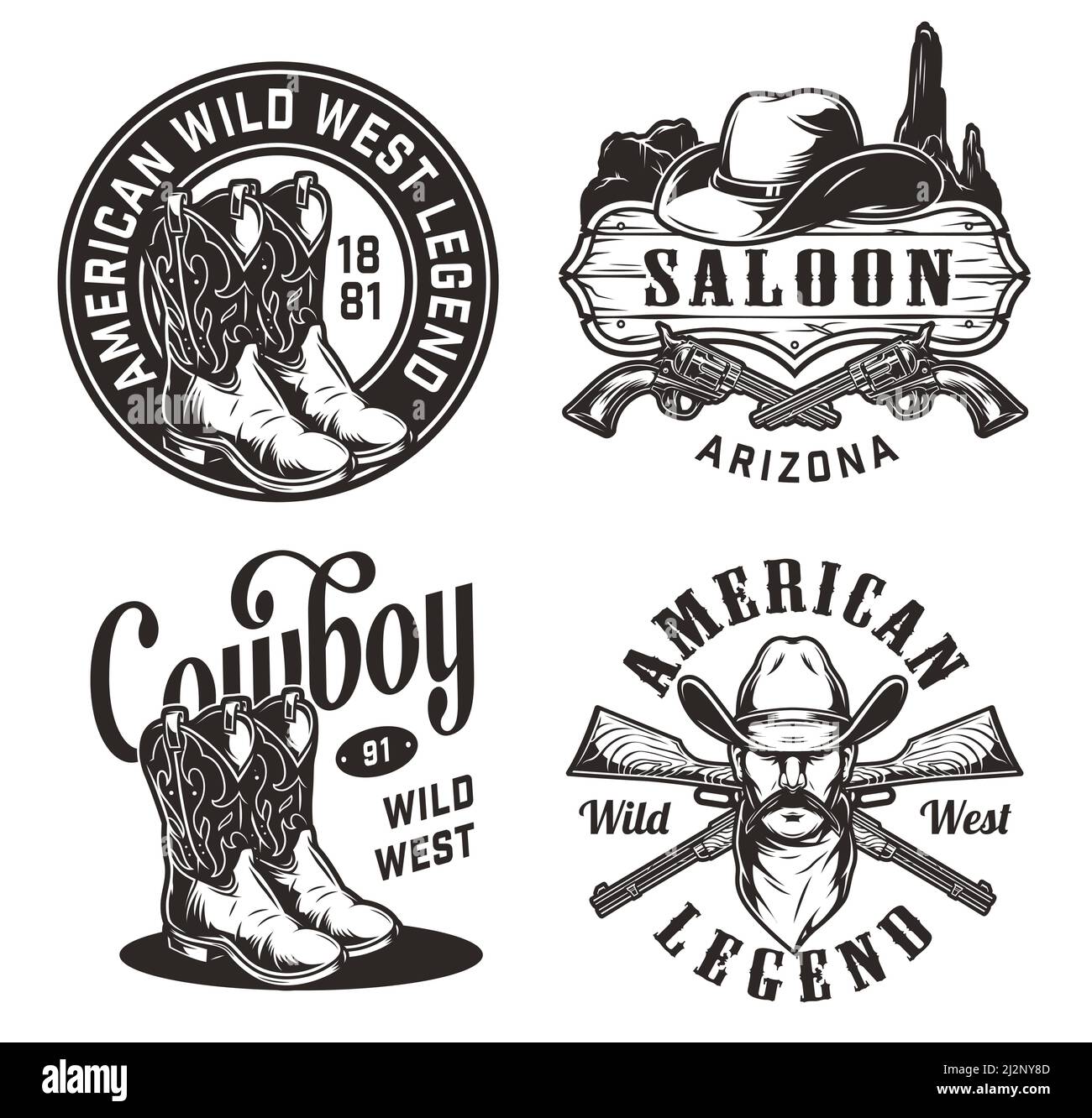 Vintage Wild West Embleme Set mit moustached Cowboy Stiefel Hut Auf Saloon Schild gekreuzt Waffen Wüste Hügel Landschaft isoliert Vektor Abbildung Stock Vektor