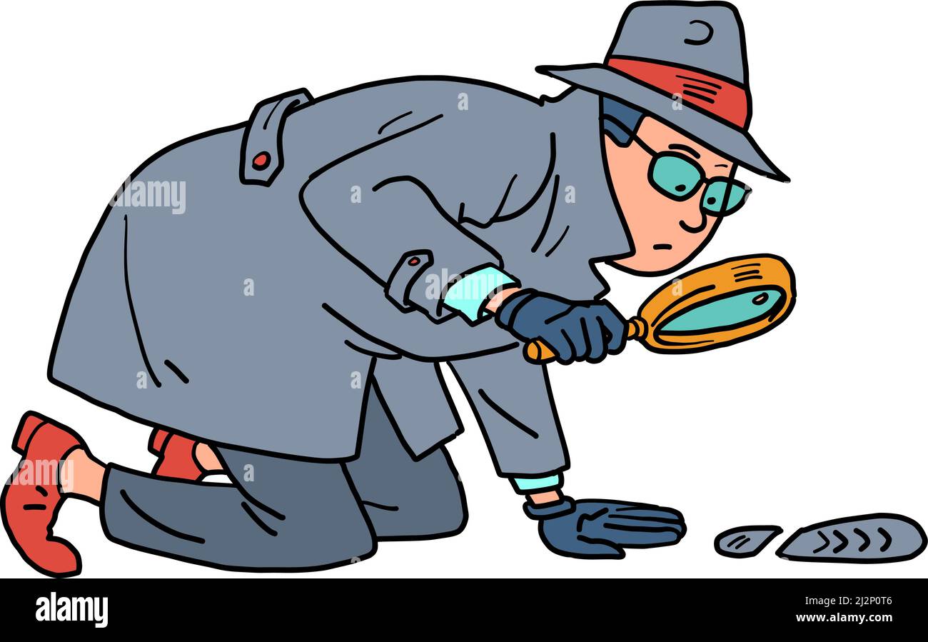 Ein Detektiv mit Lupe untersucht die Spuren. Ein Privatdetektiv, ein Mann in Mantel, Hut und Brille Stock Vektor
