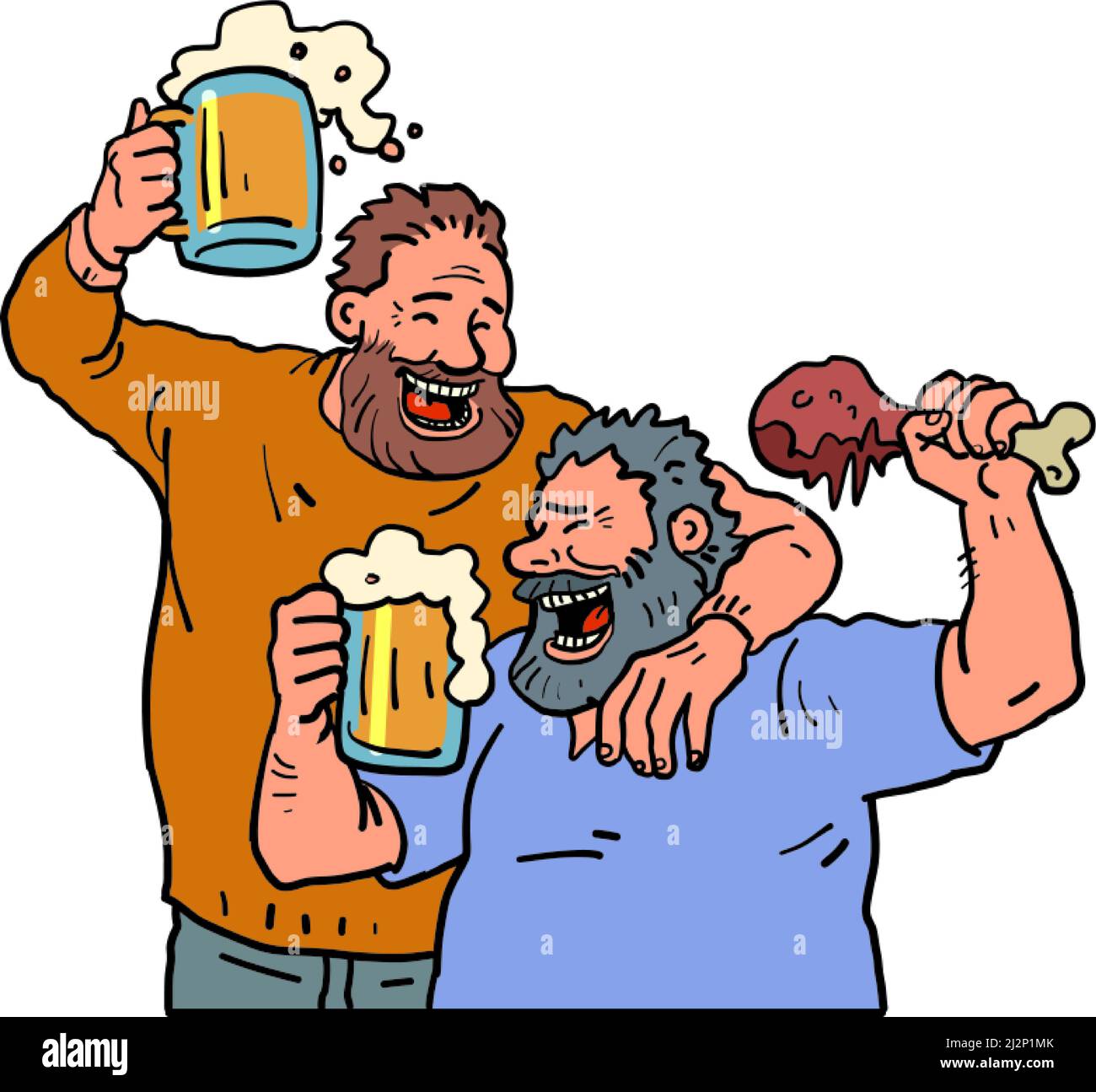 Bierfest, oktoberfest. Männer essen Fleisch und trinken Bier Stock Vektor