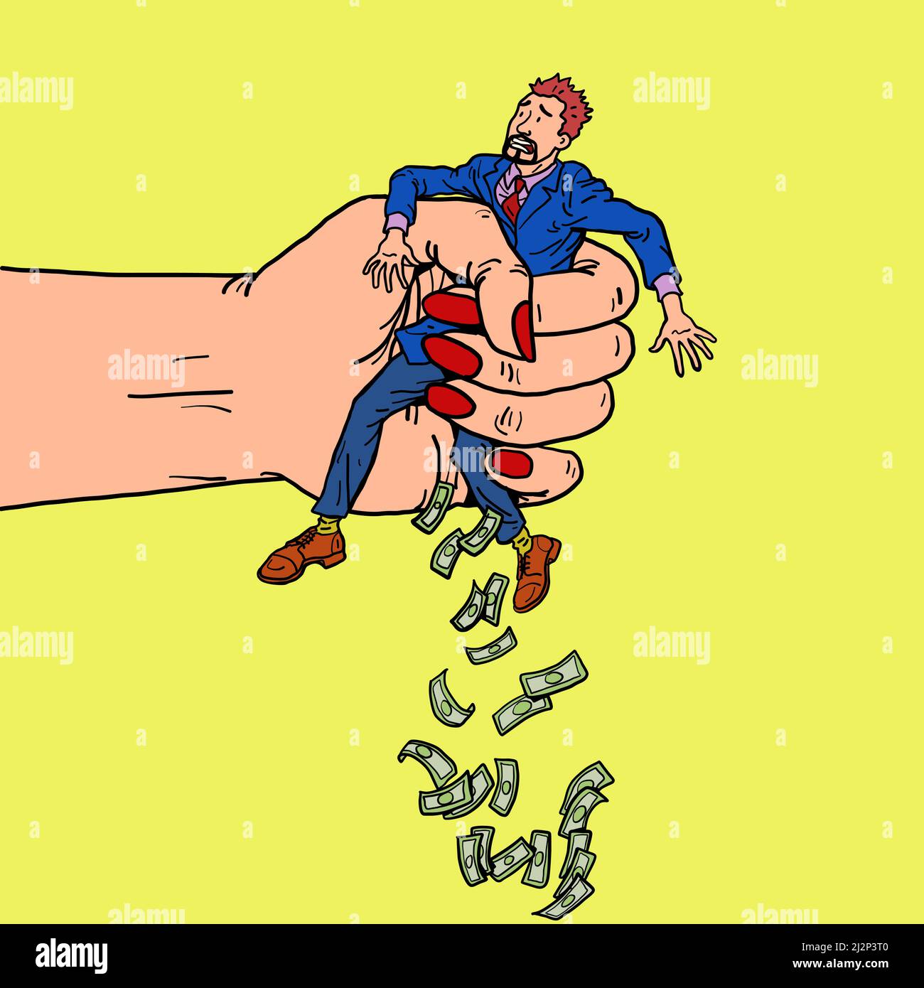 Eine Frauenhand hat den Mann hart gedrückt, Geld fließt aus ihm heraus. Familienkonflikt, Scheidung Stock Vektor