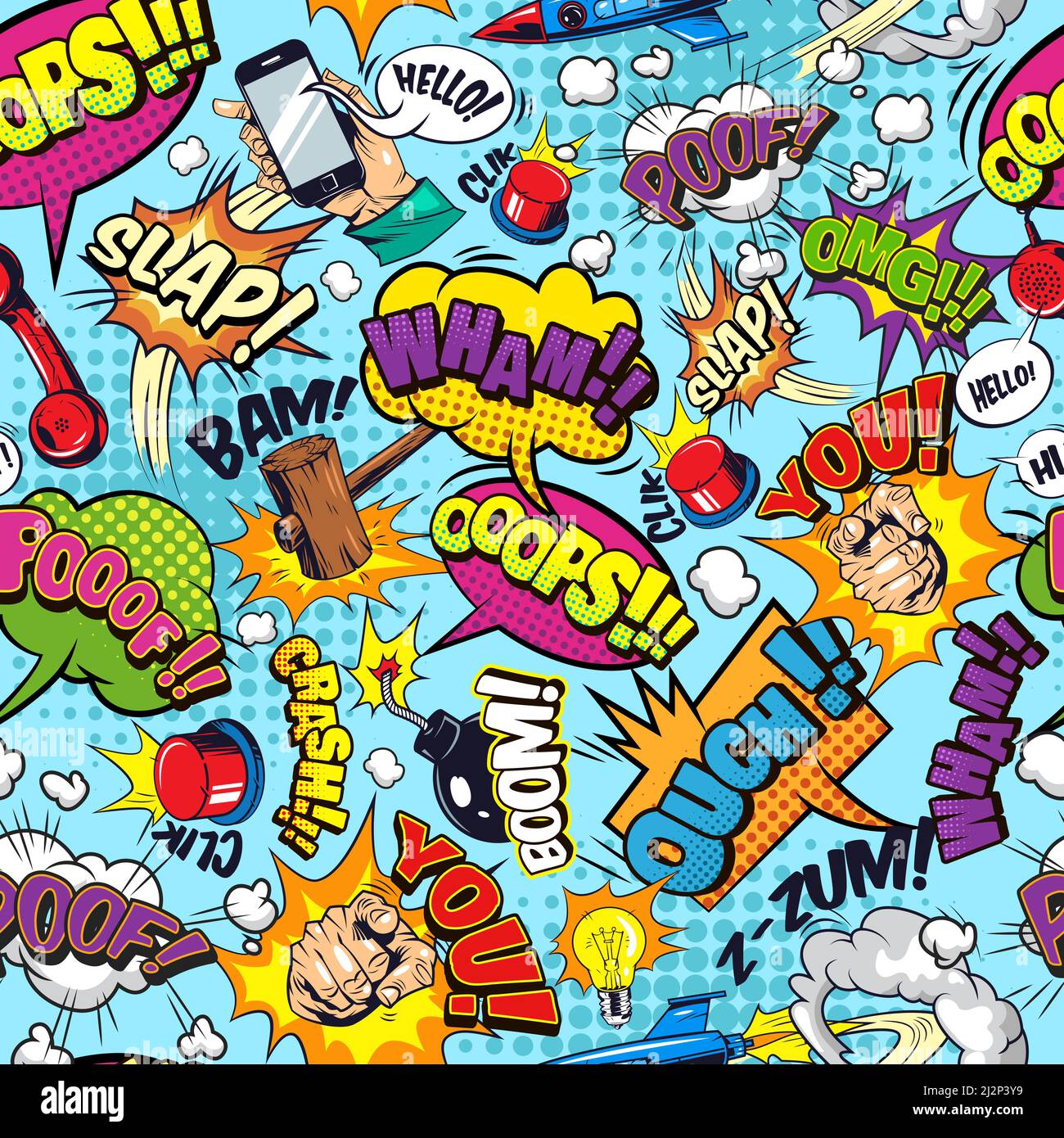 Comic bunte nahtlose Muster mit hellen Sprechblasen Wordings Bombe Telefon gavel fliegen Rakete Glühbirne Hand Gesten Vektor Illustration Stock Vektor