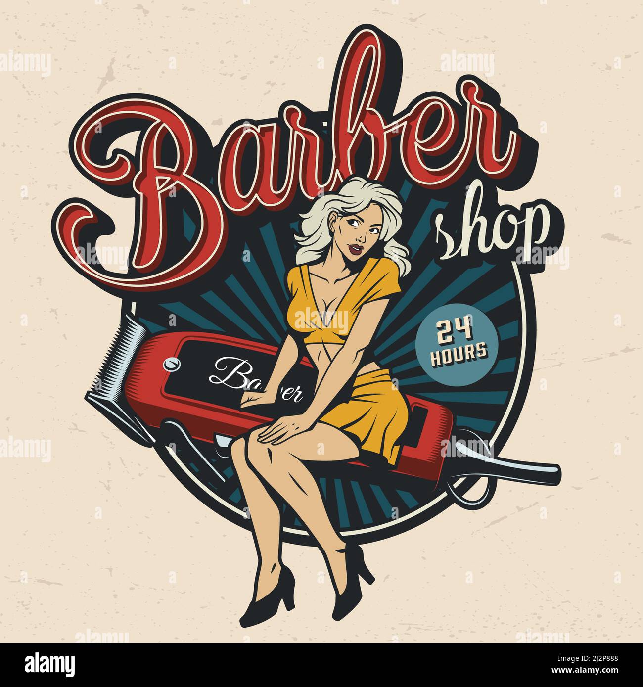 Vintage Friseurladen bunte Emblem mit pinup hübsche Frau sitzt auf Elektrische Haarschneider isoliert Vektor-Illustration Stock Vektor