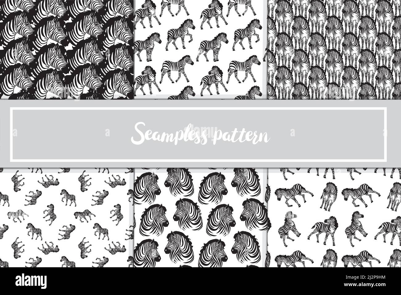 Set Zebra Hintergrund Muster nahtlos. südafrikanisches Zebra-Nahtloses Muster. Handgezeichnete nahtlose Musterdarstellung mit Safari-Tieren. Stock Vektor