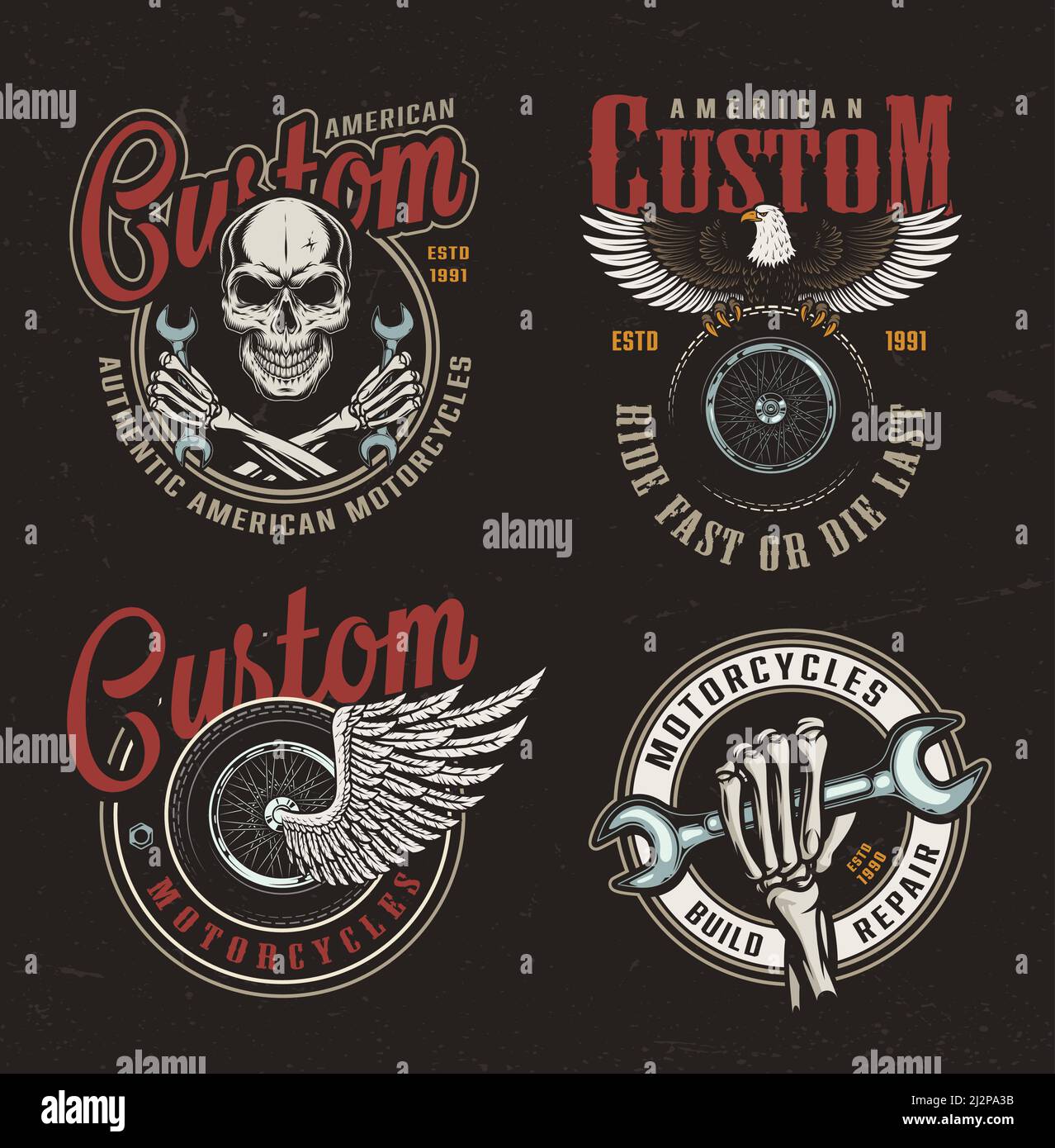 Vintage Custom Motorrad bunte Etiketten mit Totenkopf gekreuzten Schraubenschlüssel Adler Und geflügelte Motorrad Rad isoliert Vektor-Illustration Stock Vektor