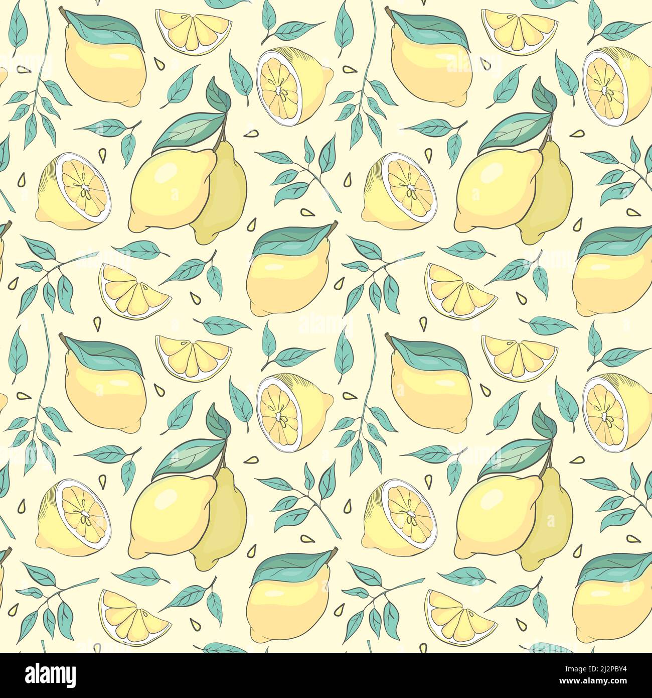 Hintergrund frischer Zitronen, handgezeichnete Symbole. Doodle Wallpaper Vektor. Farbenfrohes Nahtloses Muster mit Fresh Fruits Kollektion. Dekorative Abbildung, g Stock Vektor