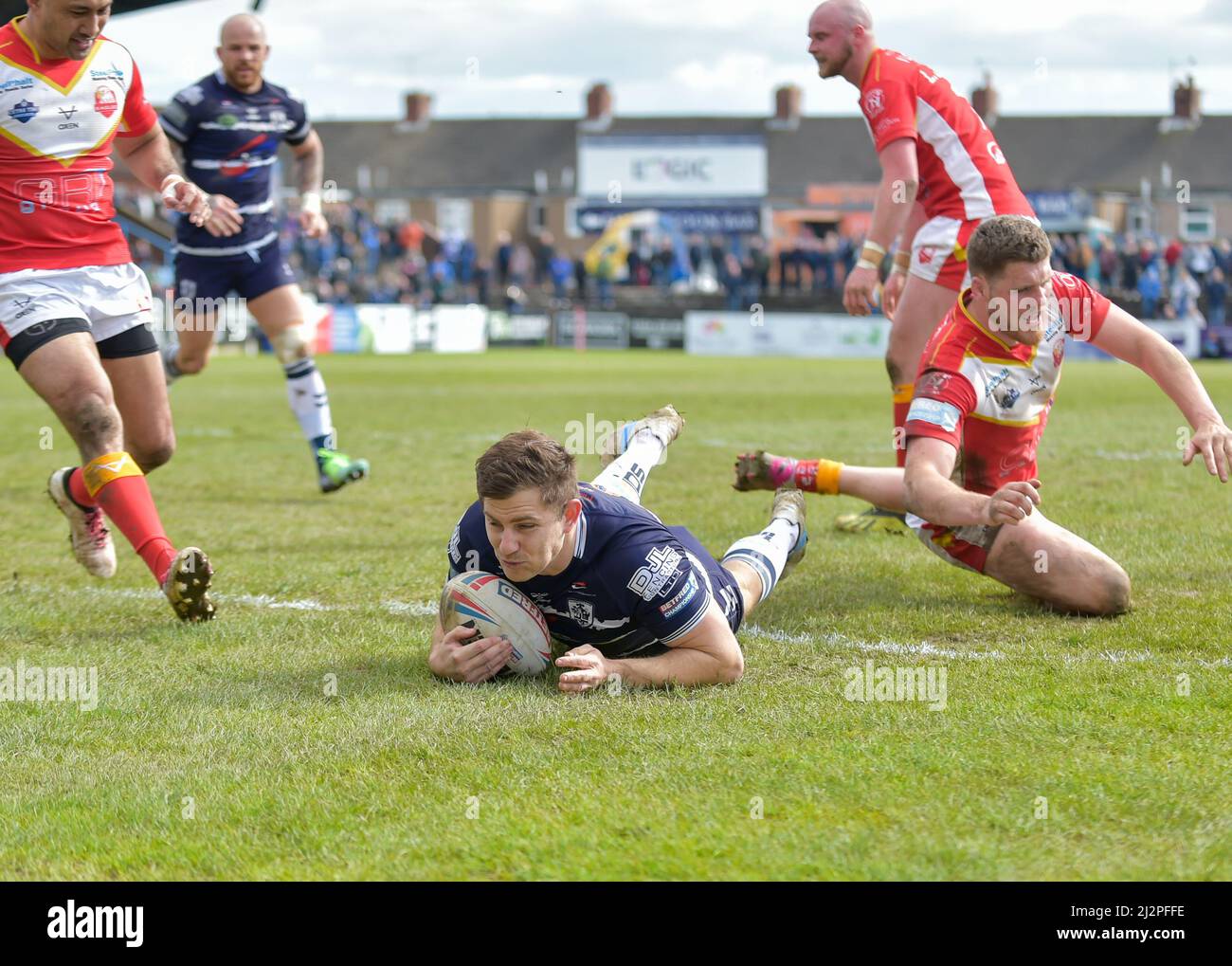 Featherstone, West Yorkshire, Großbritannien am 3.. April 2022. Betfred Championship-Spiel zwischen Featherstone Rovers und Sheffield Eagles im Millennium Stadium, Featherstone, West Yorkshire, Großbritannien am 3.. April 2022 Credit: Craig Cresswell/Alamy Live News Stockfoto