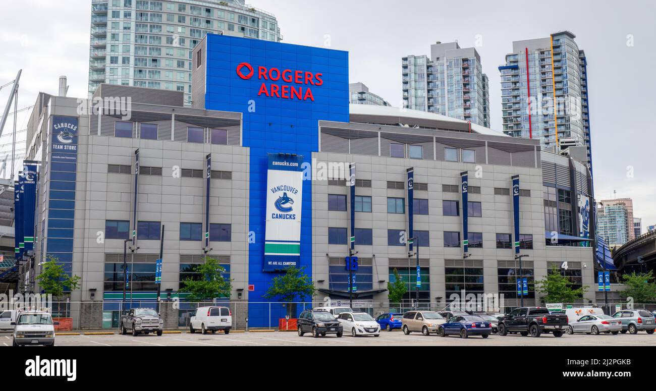 Rogers Arena Vancouver Heimstadion des NHL Hockey Teams Vancouver Canucks Dieses Panoramabild wurde erstellt, um 5 Fotos zusammenzuführen Stockfoto