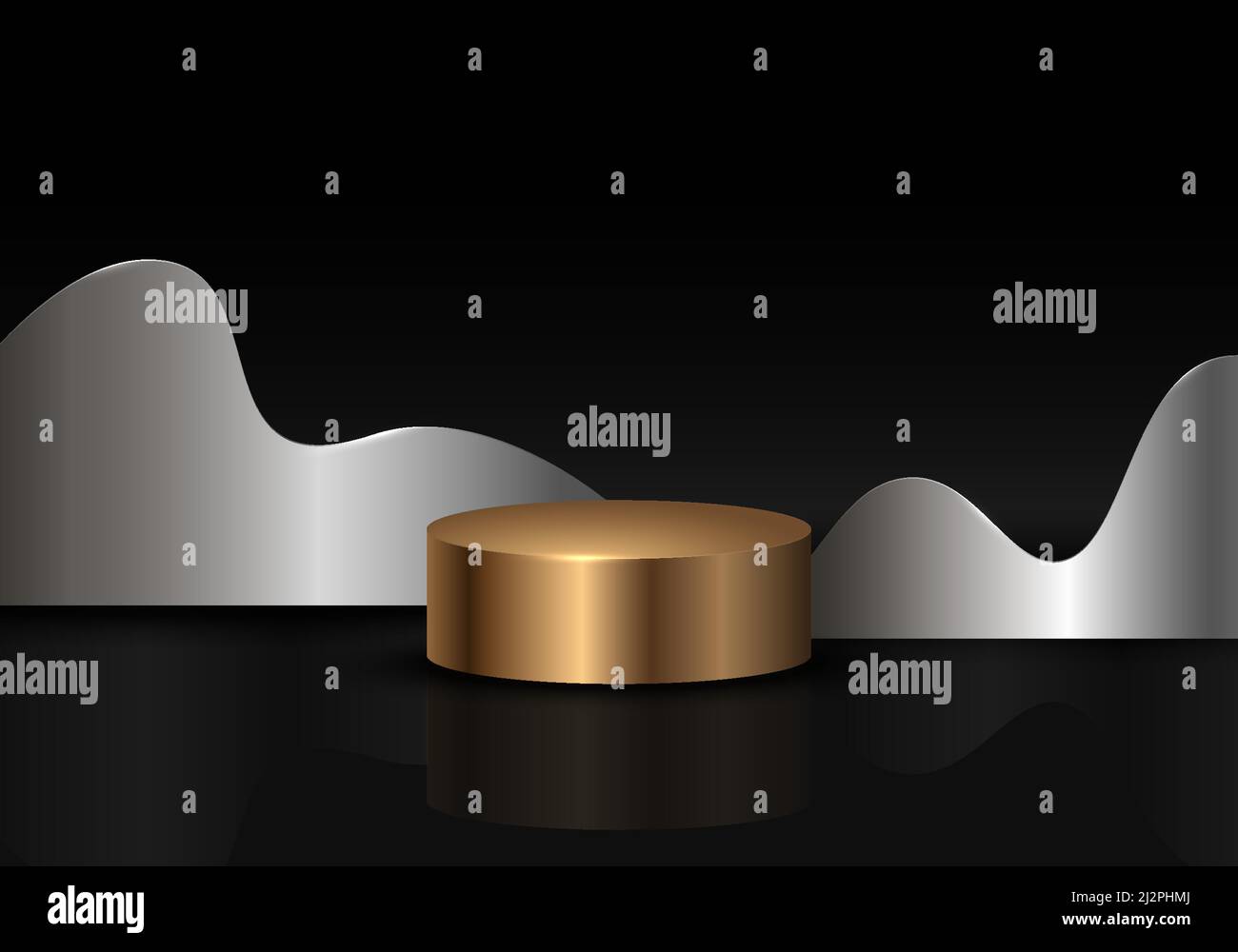 Abstrakter Luxus-Gold-Vitrine im Bühnenstil mit silbernen Tellern Dekoration. Gut organisierte Objekte in Ebenen zur Verwendung. Illustrationsvektor Stock Vektor