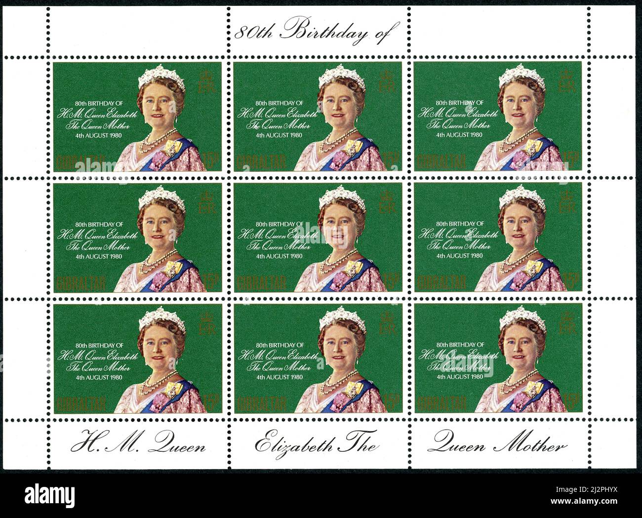 GIBRALTAR - UM 1980: Ein Briefmarkenblock, gedruckt in Gibraltar, gewidmet dem Geburtstag von Königin Mutter Elisabeth, um 1980 Stockfoto