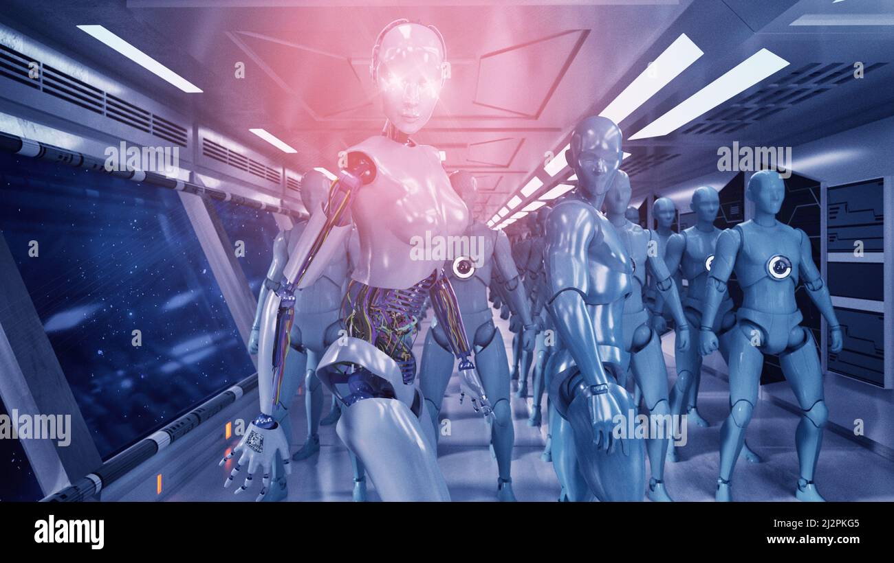 3D-Rendering. Humanoide Figuren und Sicifi-Szene Stockfoto