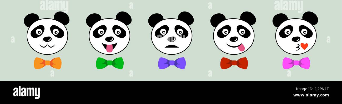 Set niedlichen Panda Gesicht trägt bunte Fliege, Satz von Tier-Emoticons. Emoji-Symbole. Social Media Emoticon Lächeln. Haustier Tier im Cartoon-Stil. Lustig Stock Vektor
